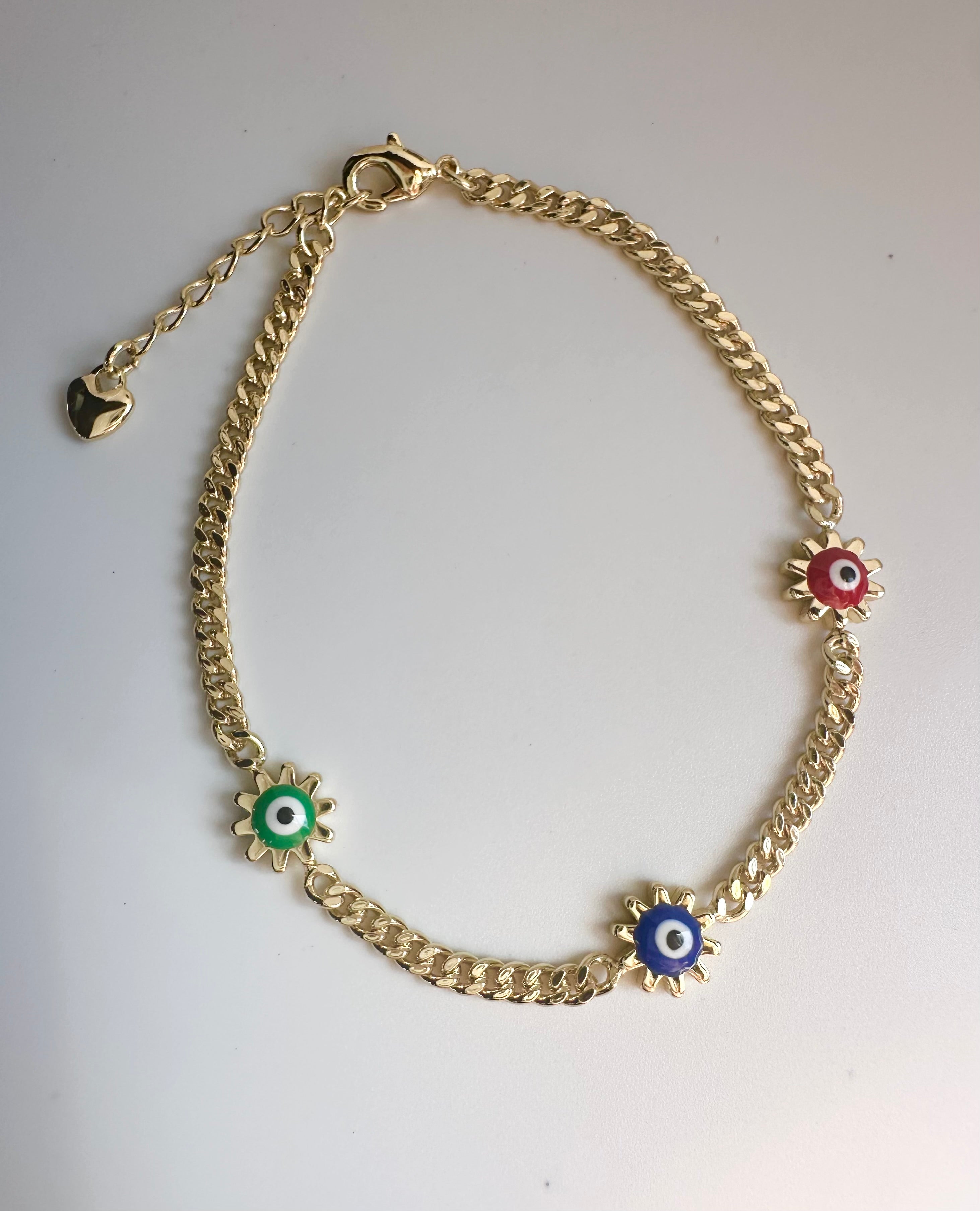 Gold Multicolored Evil Eye Chain Bracelet