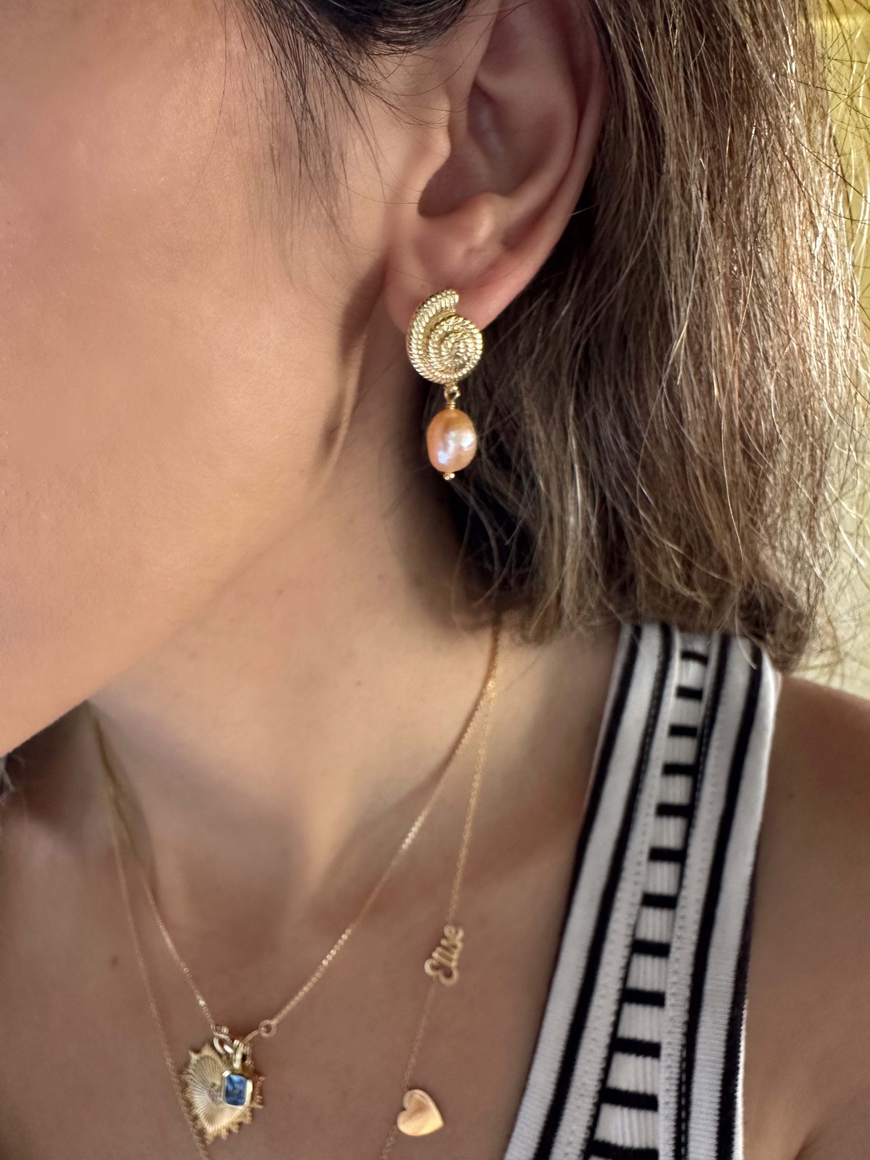 Gold Shell Dangle Earrings: Freshwater Pearl, 18k Gold Filled