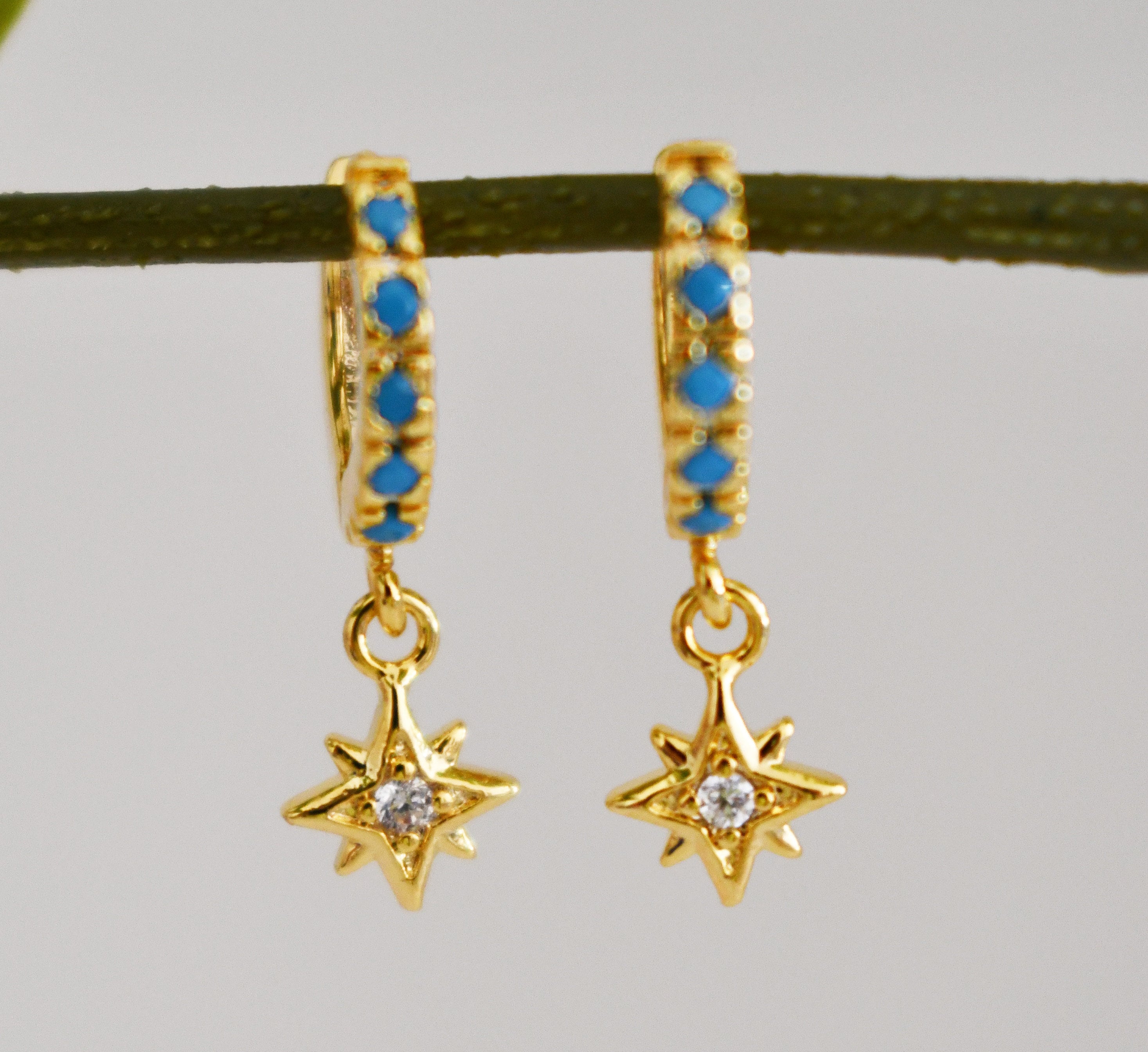 Gold Plated Turquoise Star Huggie Earrings: CZ Celestial Hoops