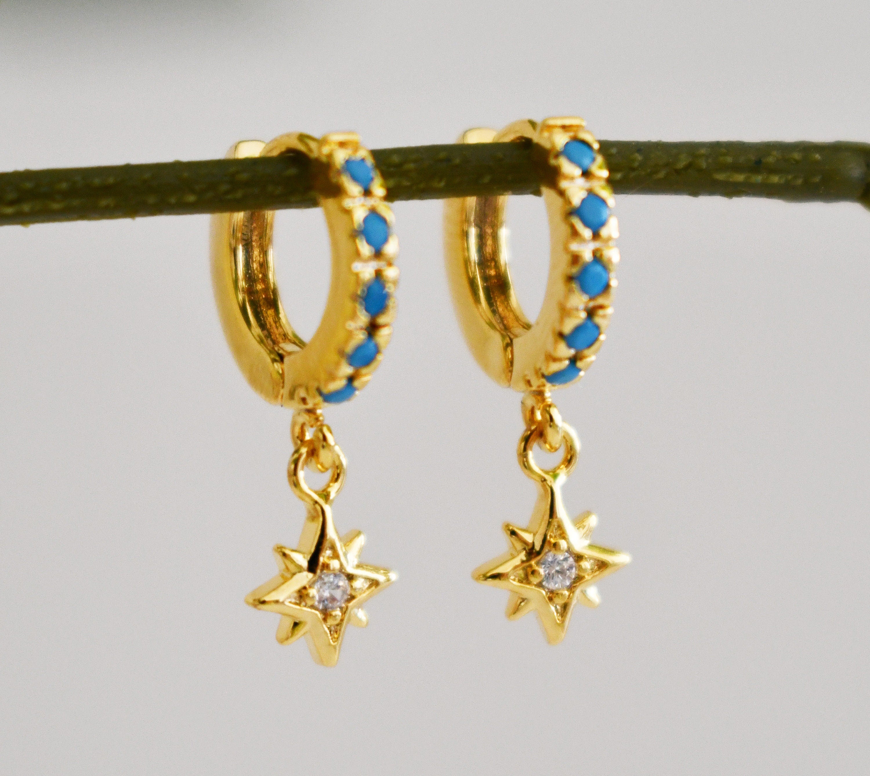 Gold Plated Turquoise Star Huggie Earrings: CZ Celestial Hoops