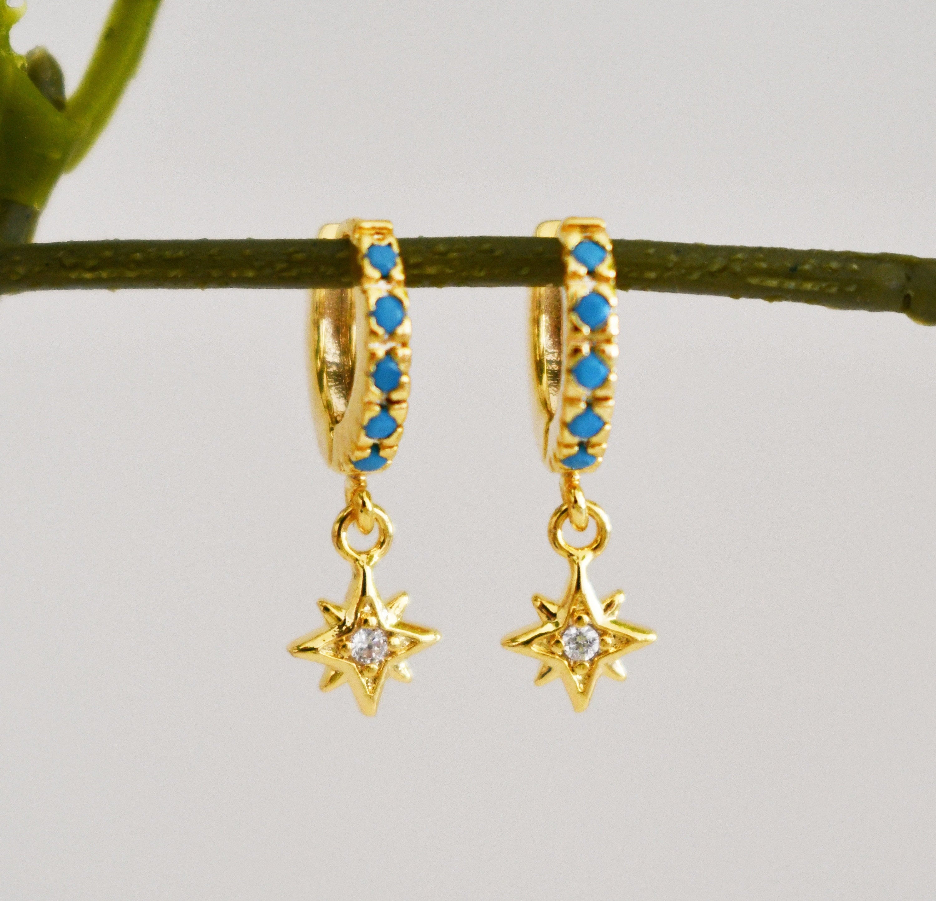 Gold Plated Turquoise Star Huggie Earrings: CZ Celestial Hoops
