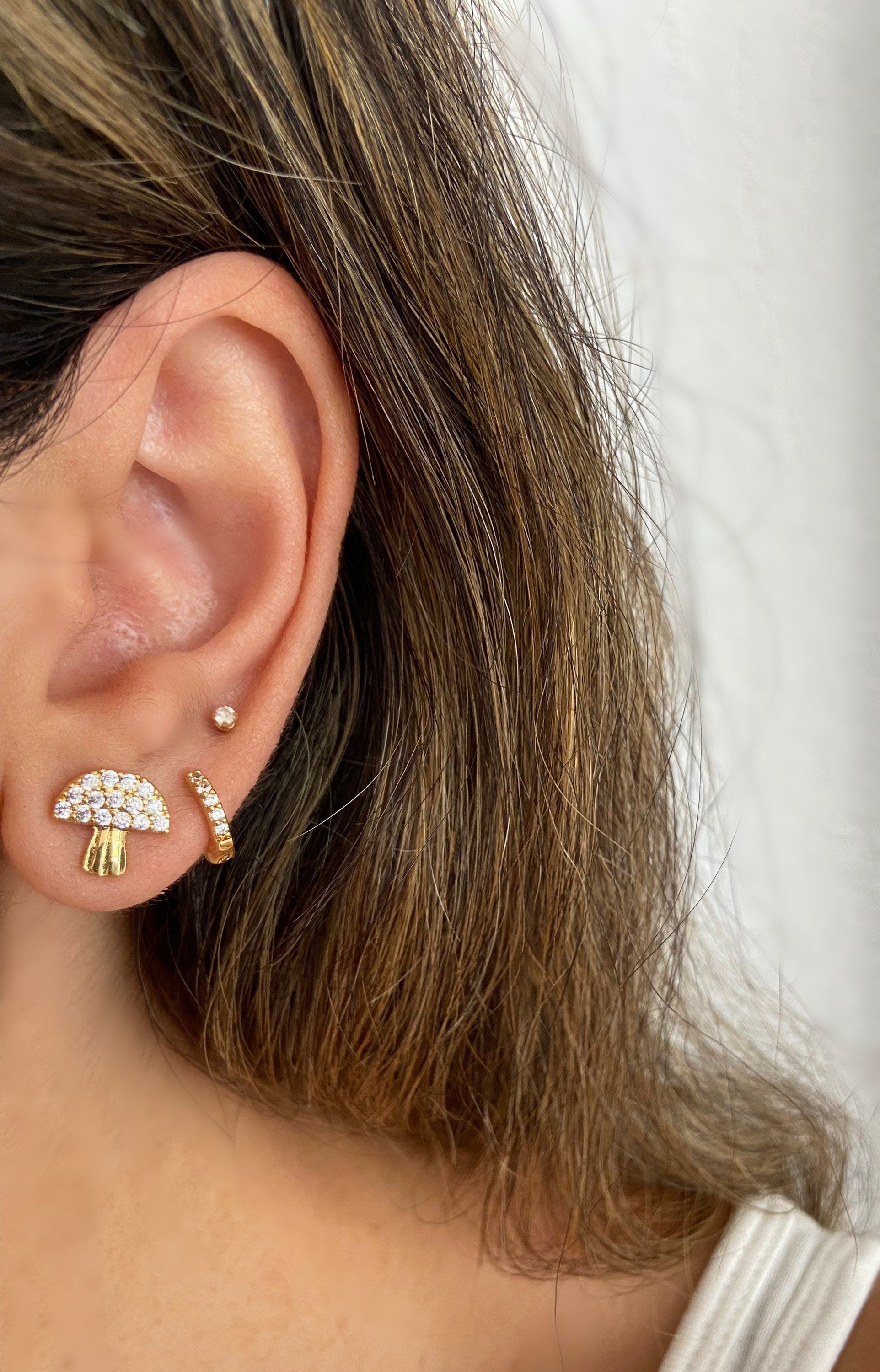 Gold Mushroom Stud Earrings: CZ Crystal Earrings