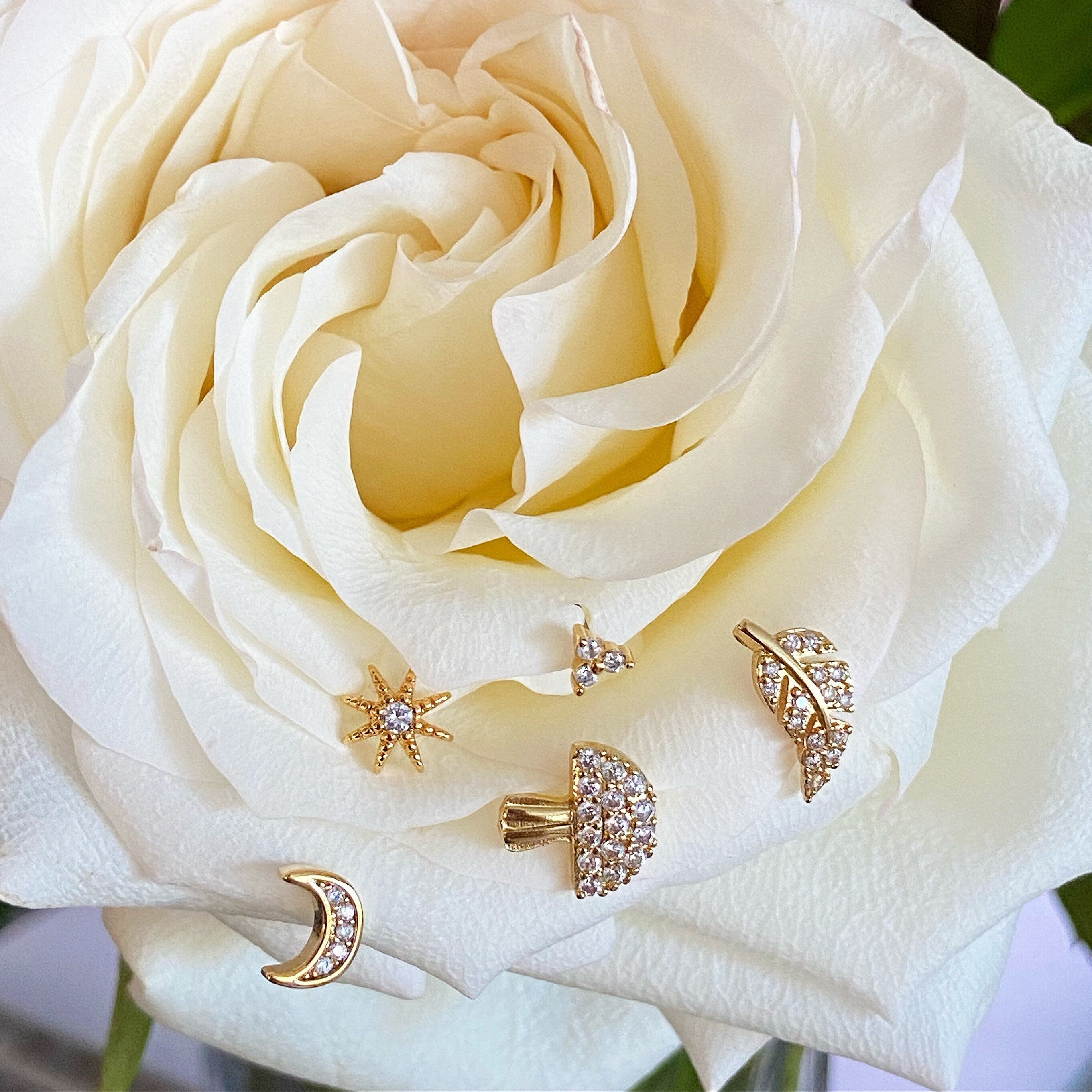 Gold Mushroom Stud Earrings: CZ Crystal Earrings
