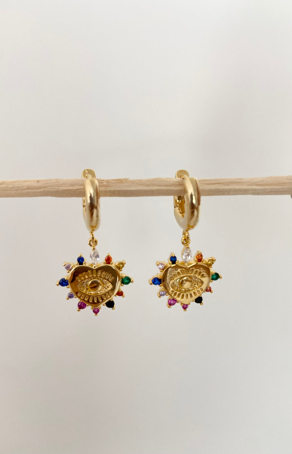 Rainbow CZ Evil Eye Heart Huggie Hoop Earrings, 16k Gold Plated