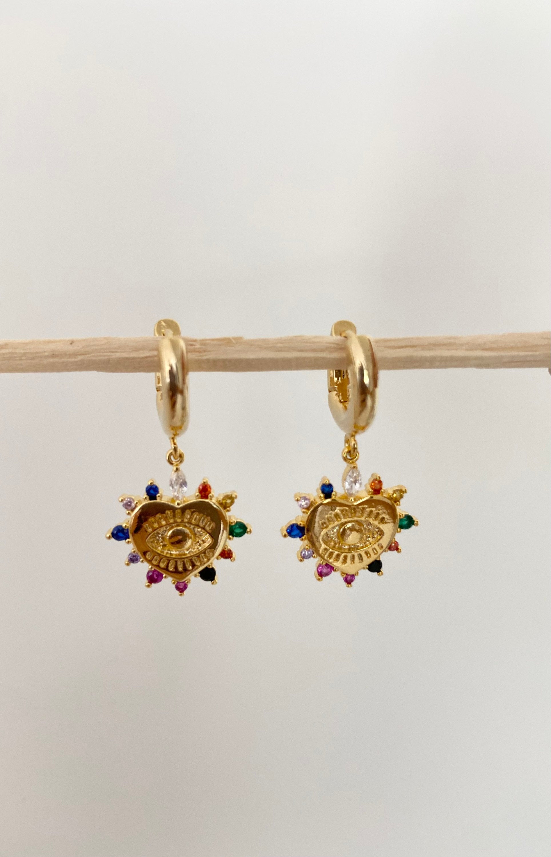 Rainbow CZ Evil Eye Heart Huggie Hoop Earrings, 16k Gold Plated