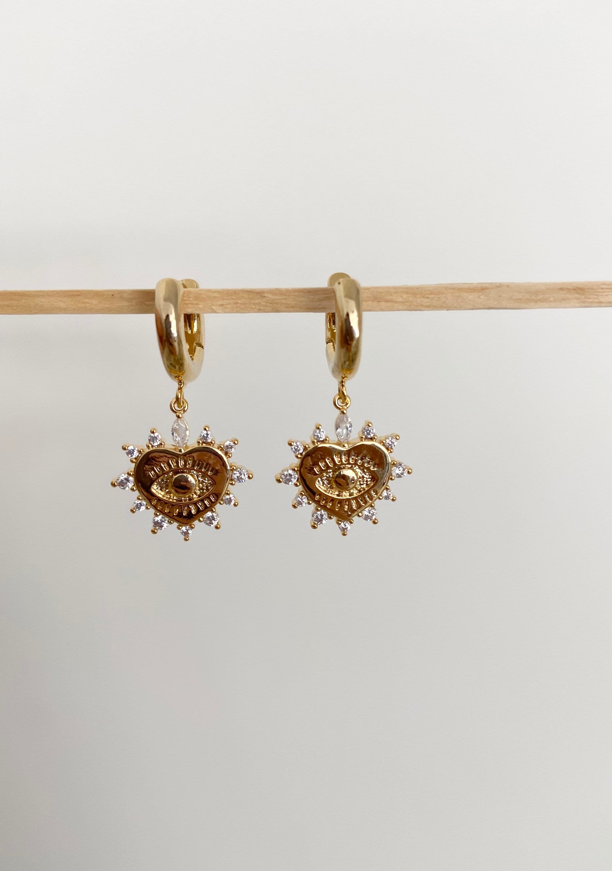 Clear and Gold CZ Evil Eye Heart Huggie Hoop Earrings Valentines Day