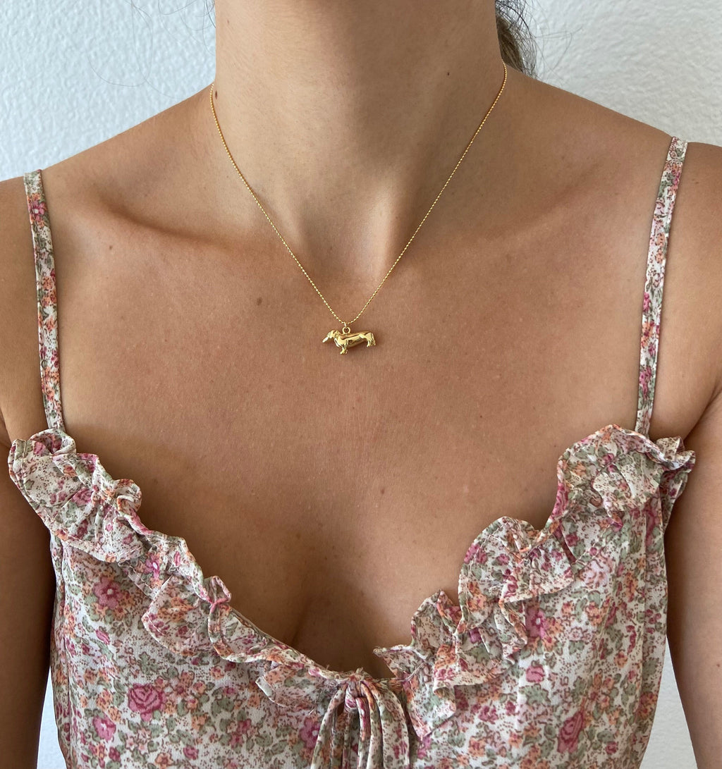 Gold Dachshund Dog Necklace Ball Chain