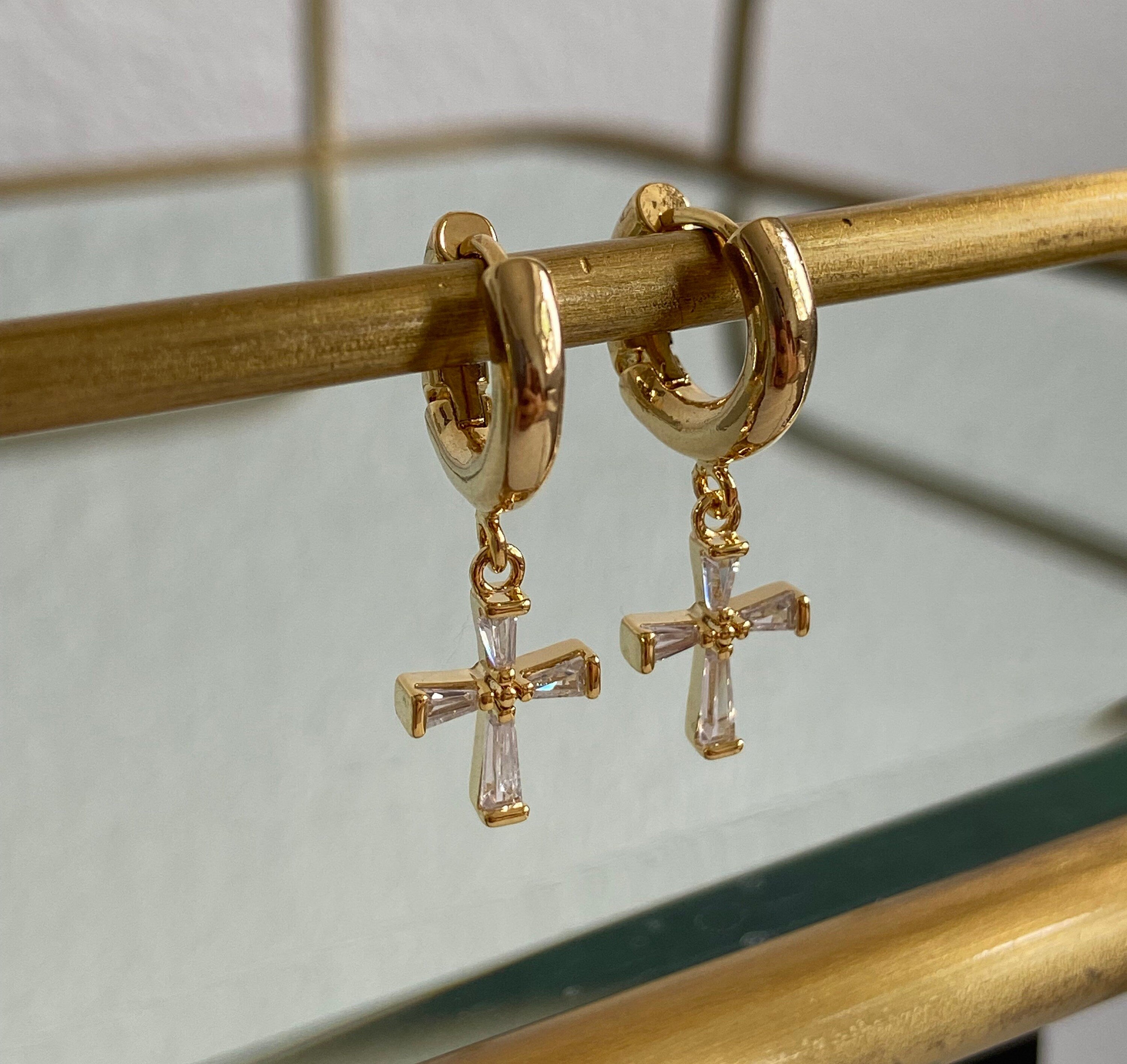 Gold CZ Cross Huggie Earrings, Cross Earrings, Huggie Earrings