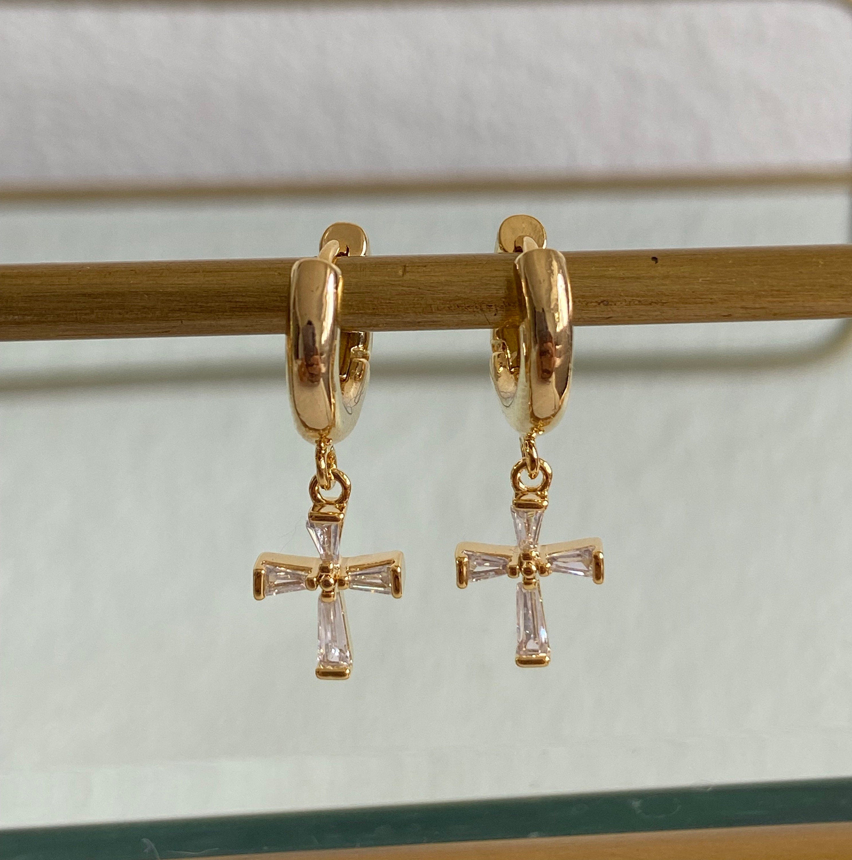 Gold CZ Cross Huggie Earrings, Cross Earrings, Huggie Earrings
