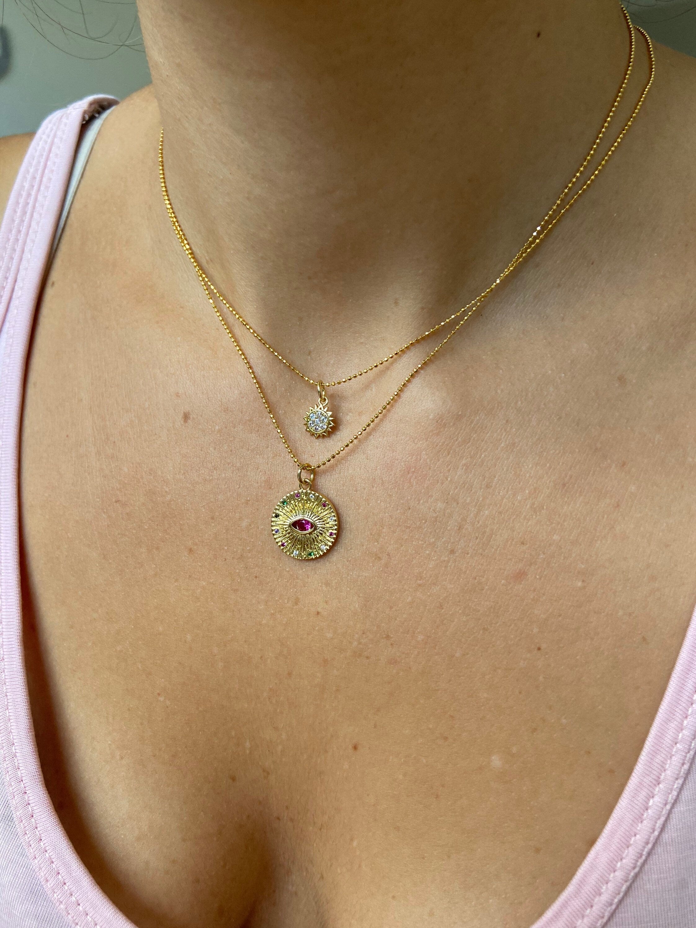 Gold Colorful Evil Eye Gemstone Necklace Ball Chain