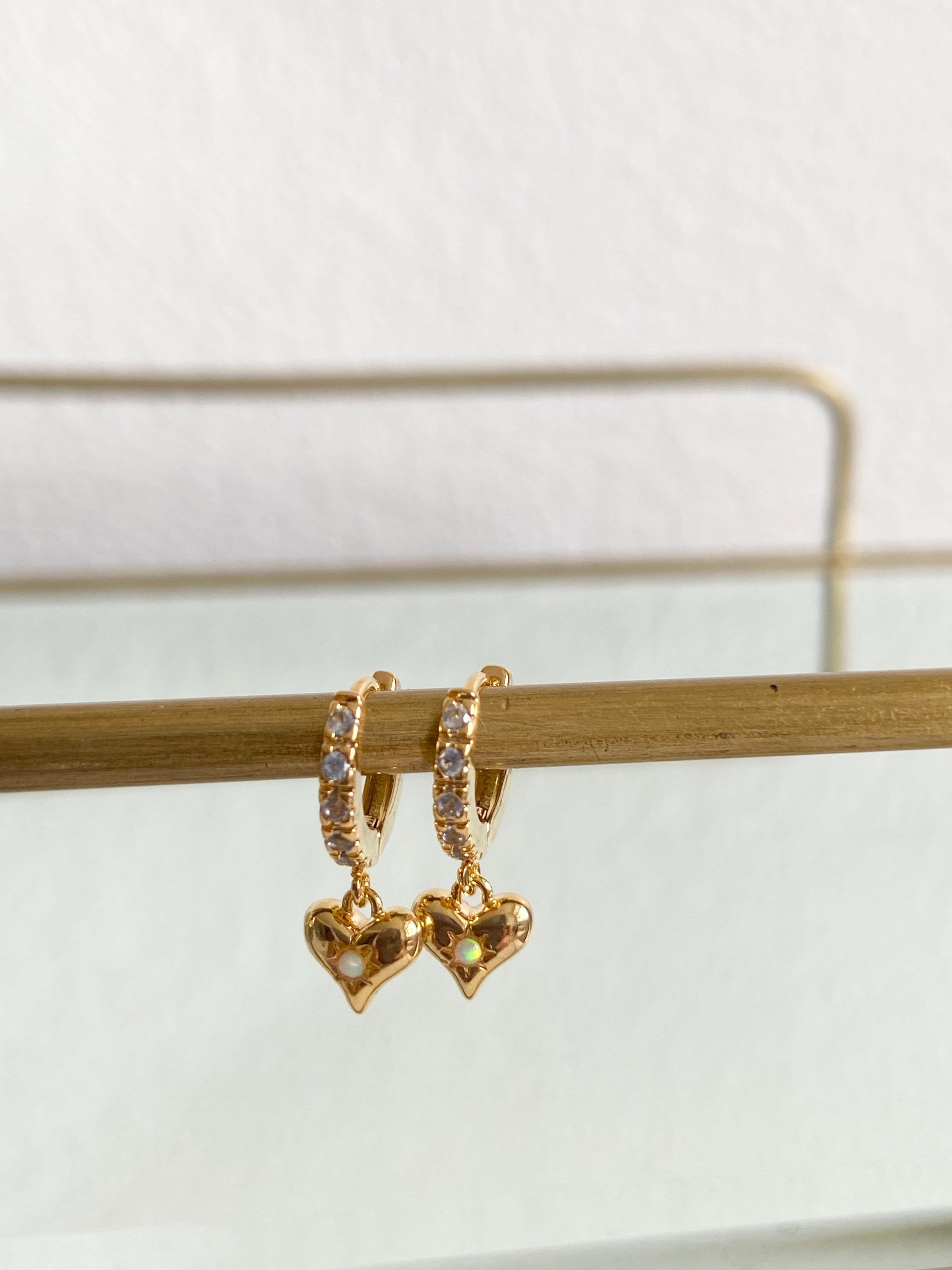 Gold CZ Opal Heart Huggie Earrings Valentines Day