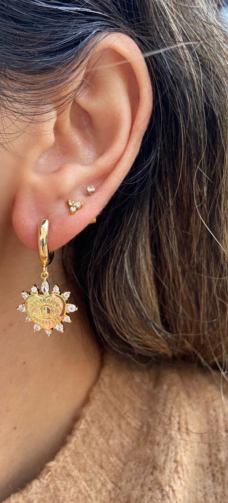 Clear and Gold CZ Evil Eye Heart Huggie Hoop Earrings Valentines Day