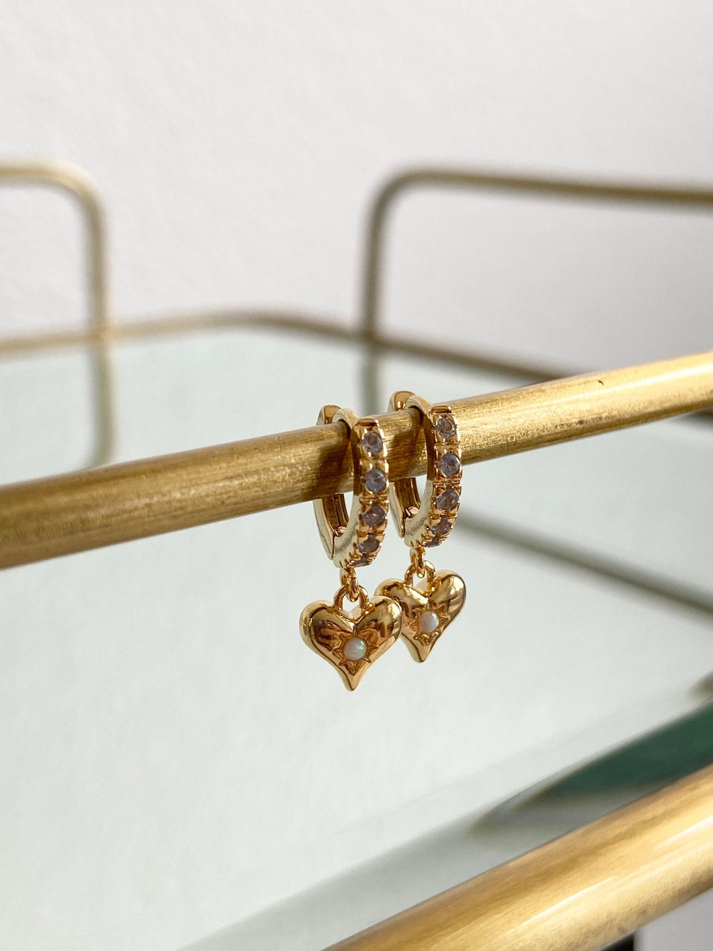 Gold CZ Opal Heart Huggie Earrings Valentines Day