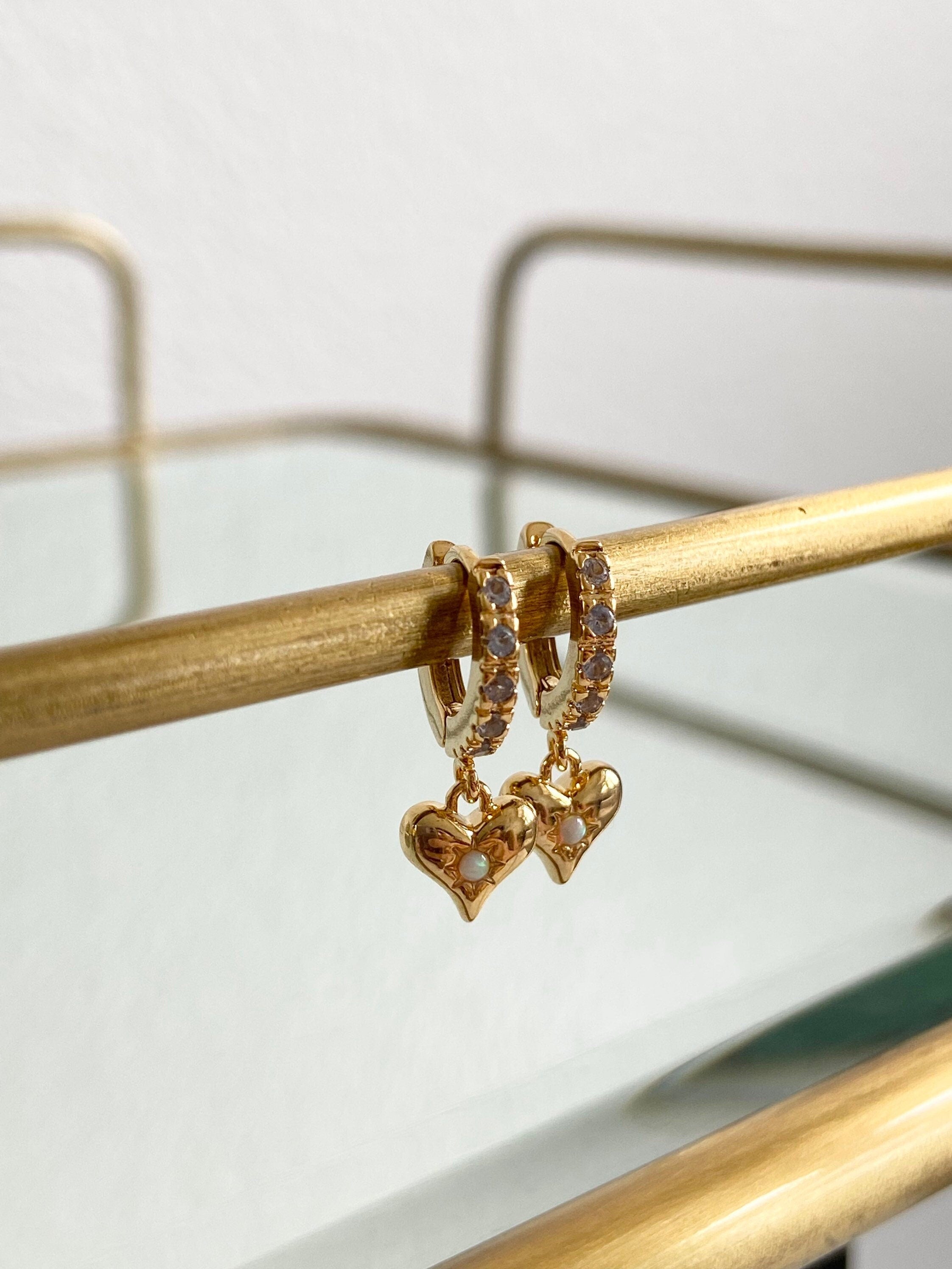 Gold CZ Opal Heart Huggie Earrings Valentines Day