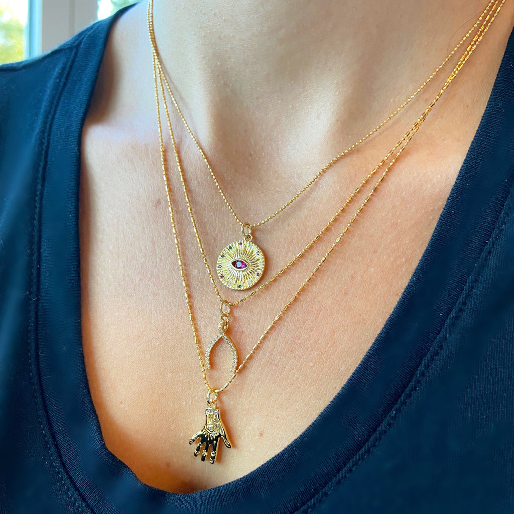 Gold Colorful Evil Eye Gemstone Necklace Ball Chain