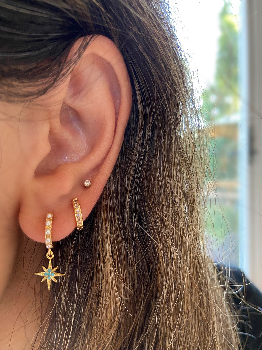 Pearl and Turquoise Star Huggie Earrings