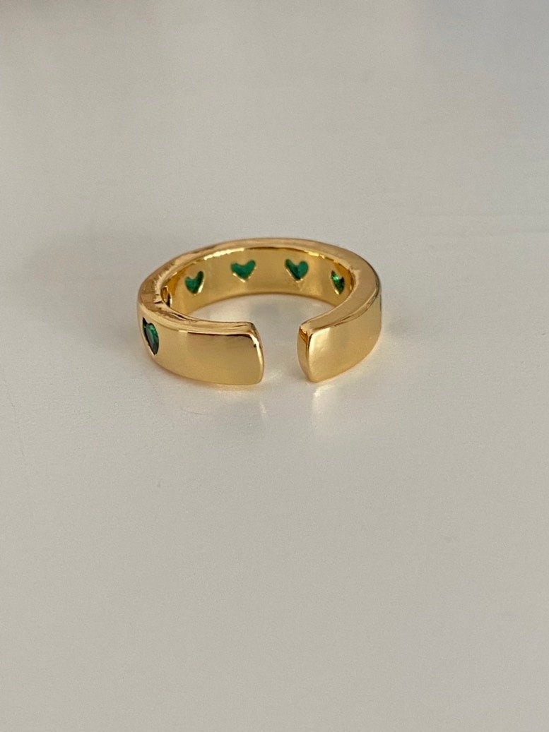 Green CZ Heart Ring: 18k Gold Plated Statement Jewelry Valentines Day