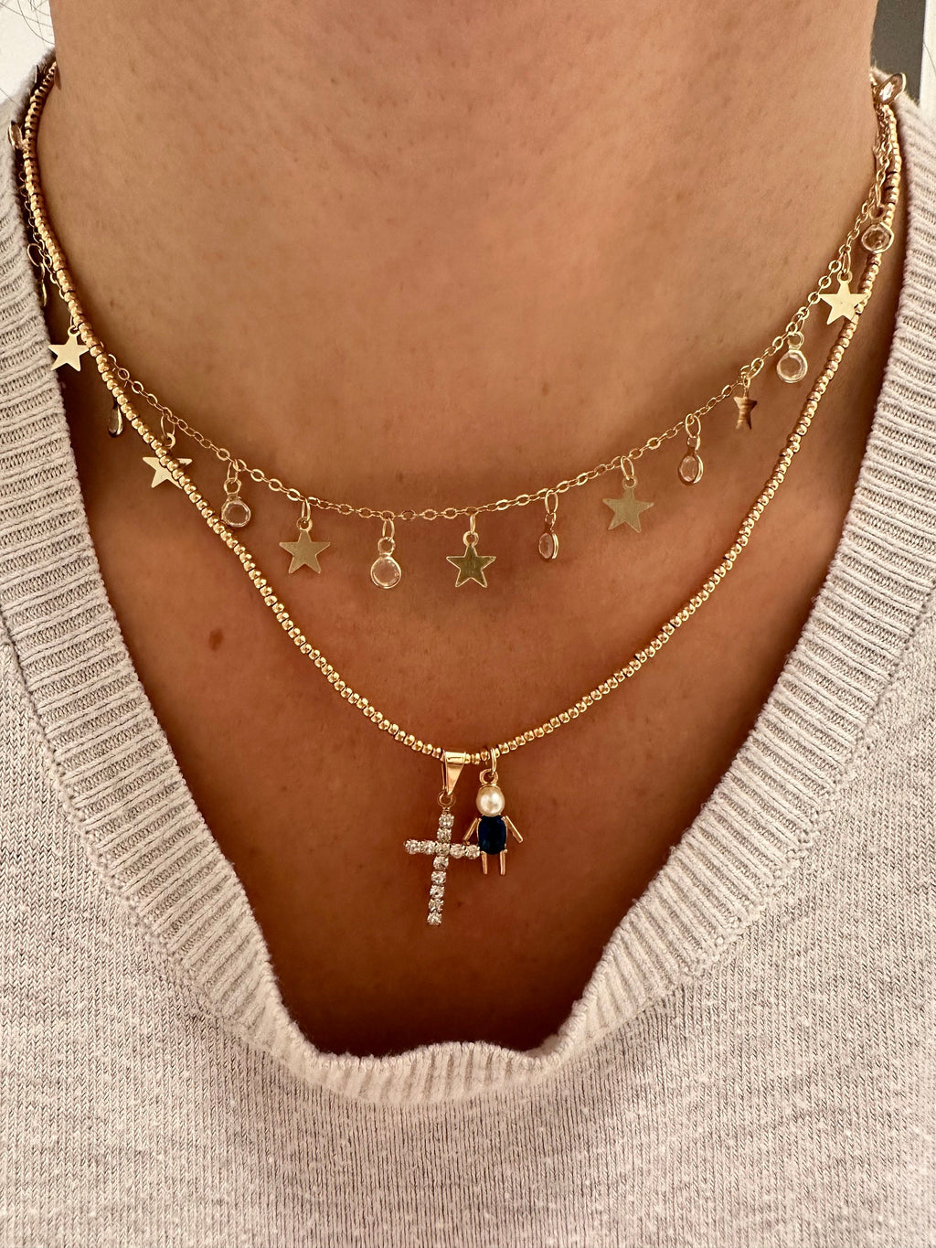 Gold Stars and CZ Charm Necklace-Star Necklace, Statement Jewelry, Gold charm Necklace