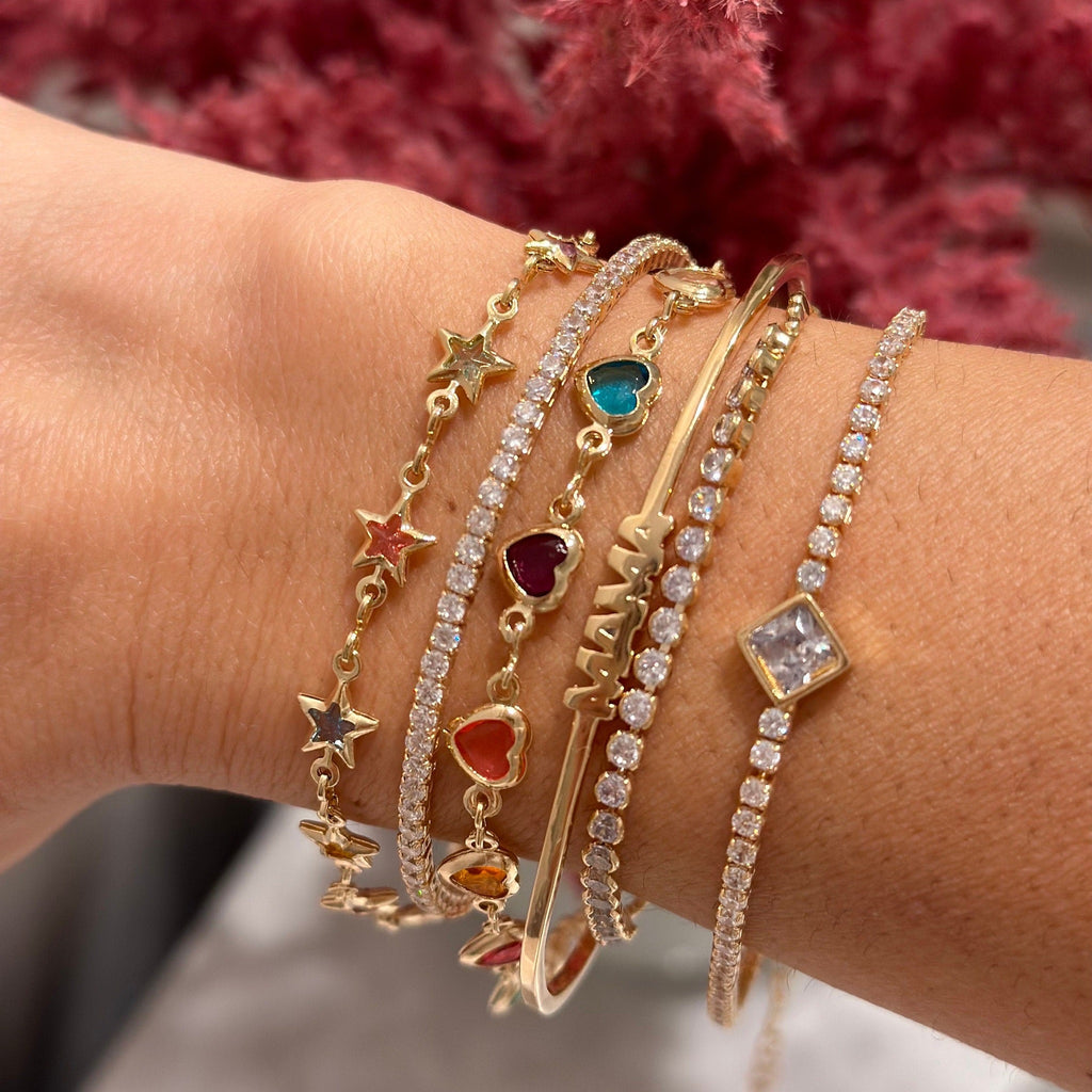 18k Gold Filled Heart Bracelet: Multicolored CZ Dainty Chain Valentines Day
