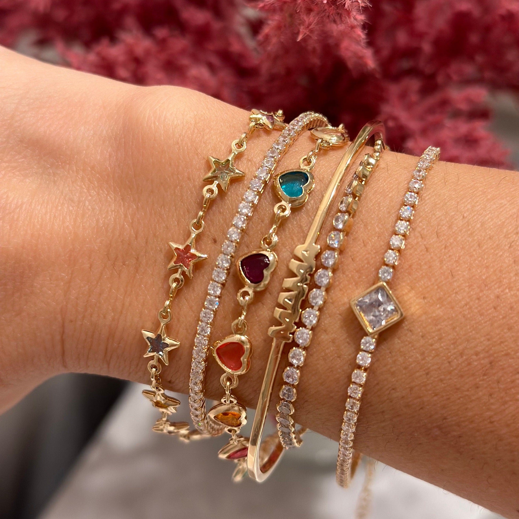 18k Gold Filled Heart Bracelet: Multicolored CZ Dainty Chain Valentines Day