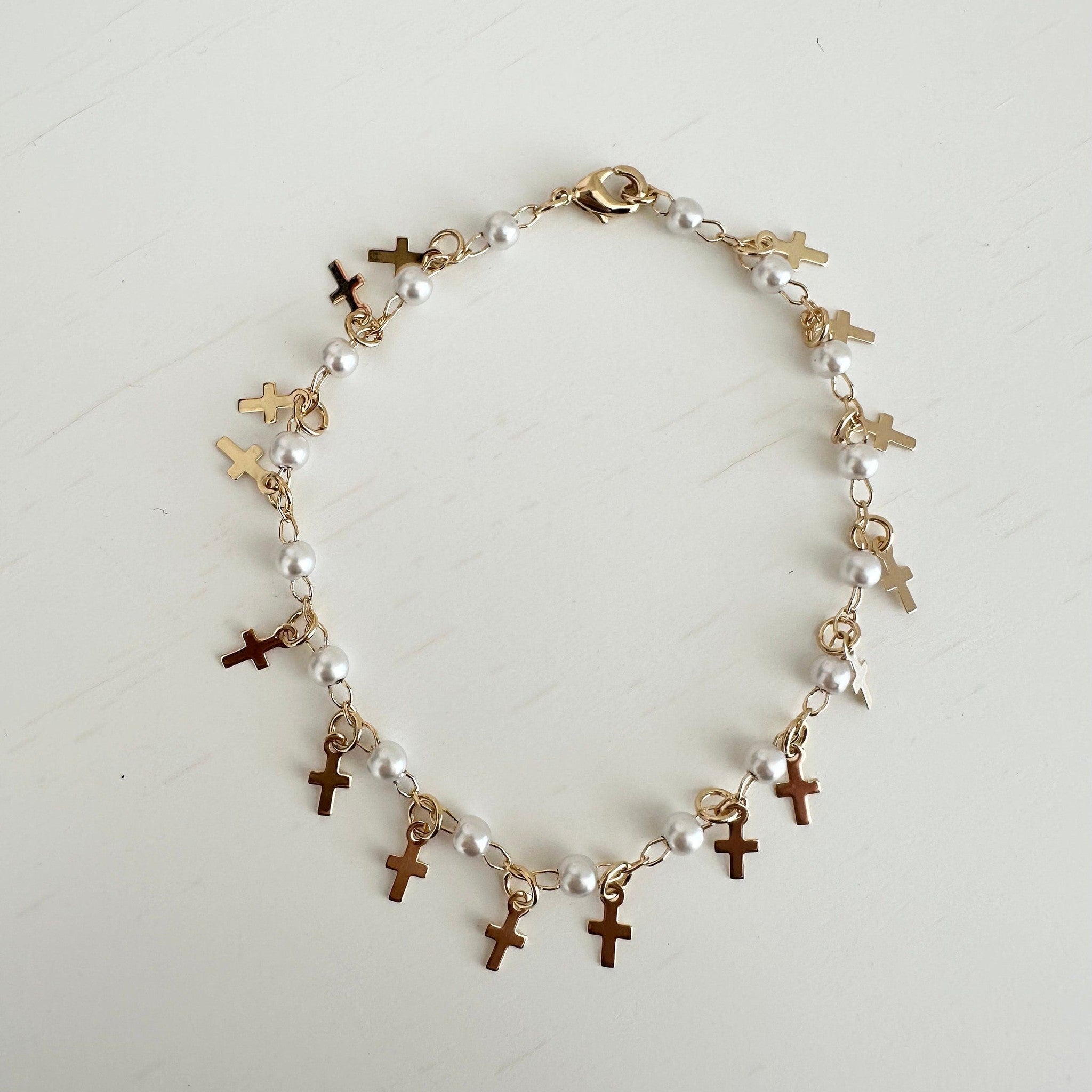 Pearl & Cross Charm Gold Bracelet: Dainty Layering Jewelry