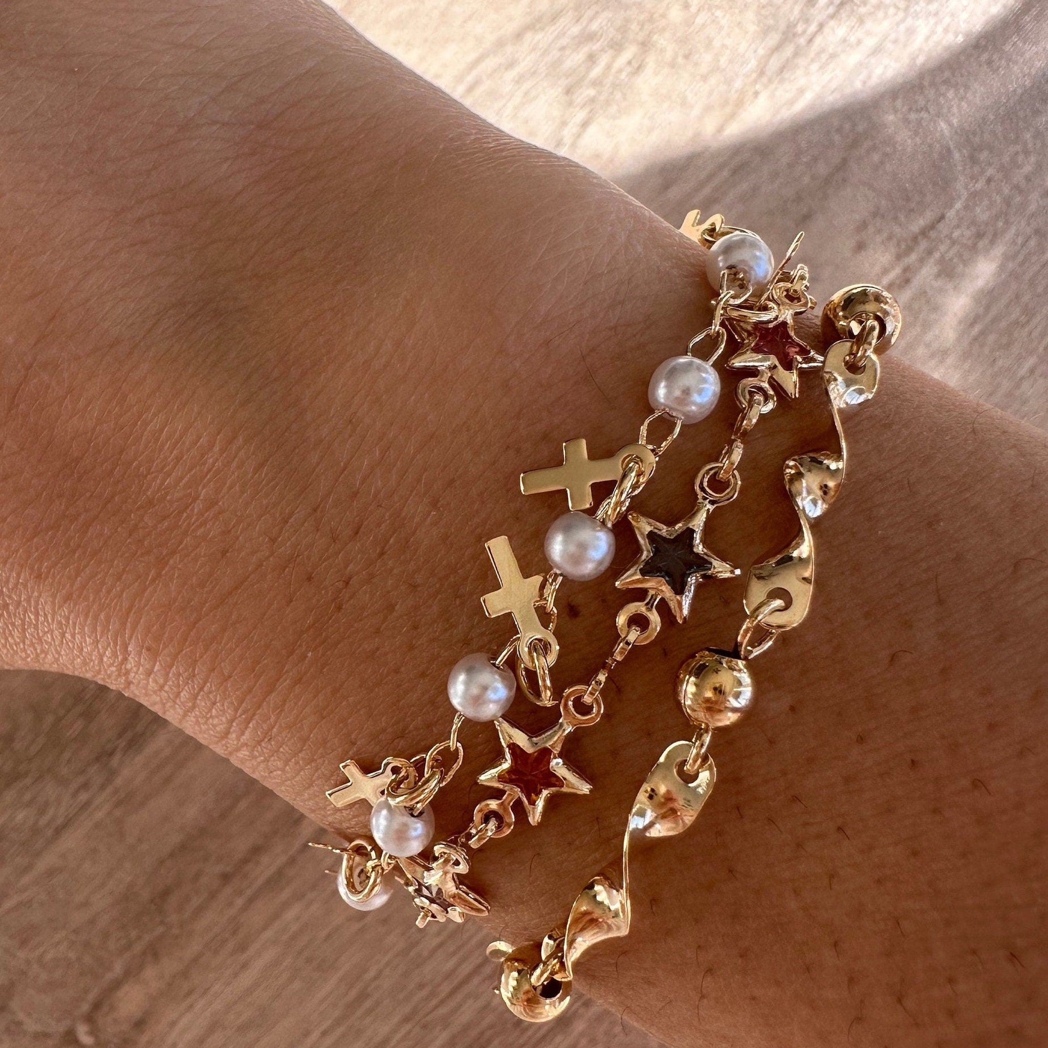 Pearl & Cross Charm Gold Bracelet: Dainty Layering Jewelry