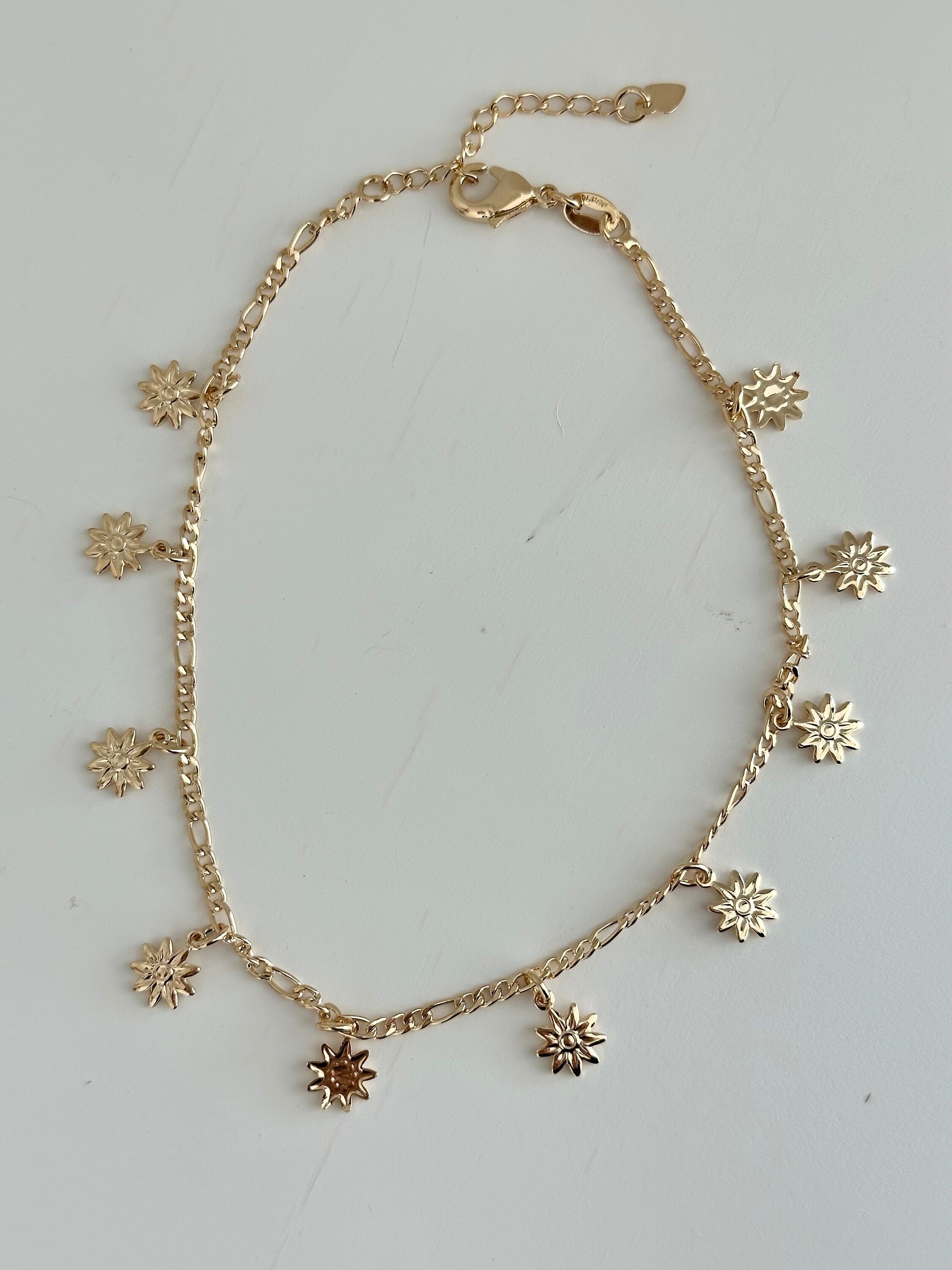 18k Gold Filled Daisy Anklet: Figaro Chain Summer Jewelry