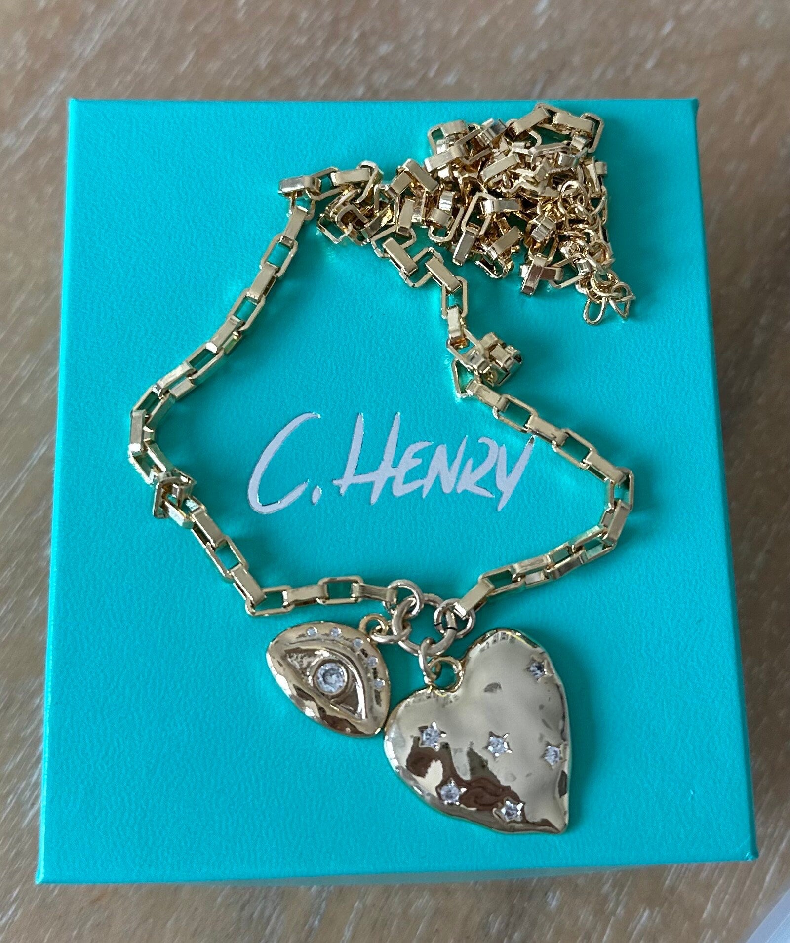 Gold Heart Evil Eye Charm Necklace: Chunky Statement Jewelry Valentines Day