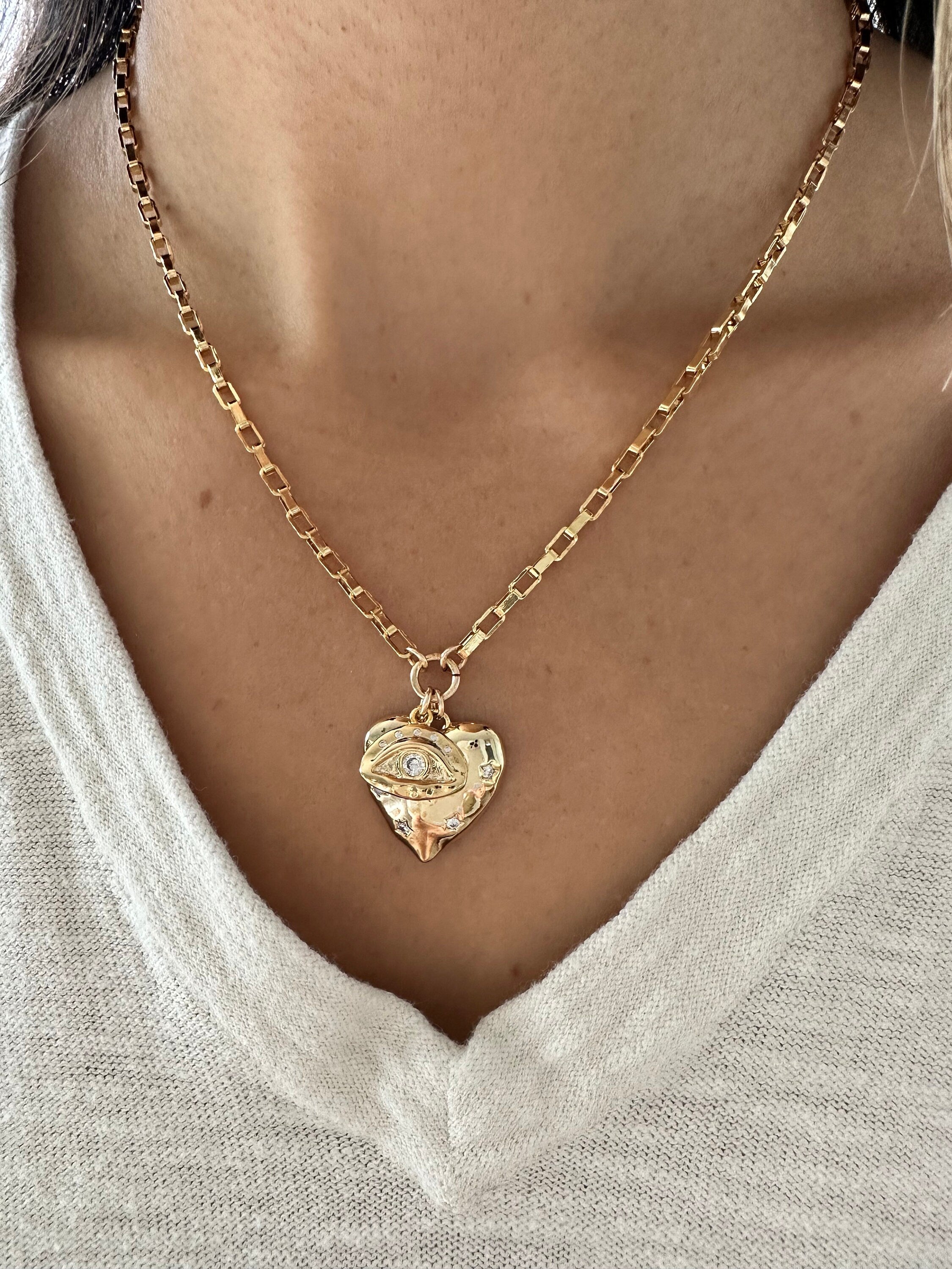 Gold Heart Evil Eye Charm Necklace: Chunky Statement Jewelry Valentines Day