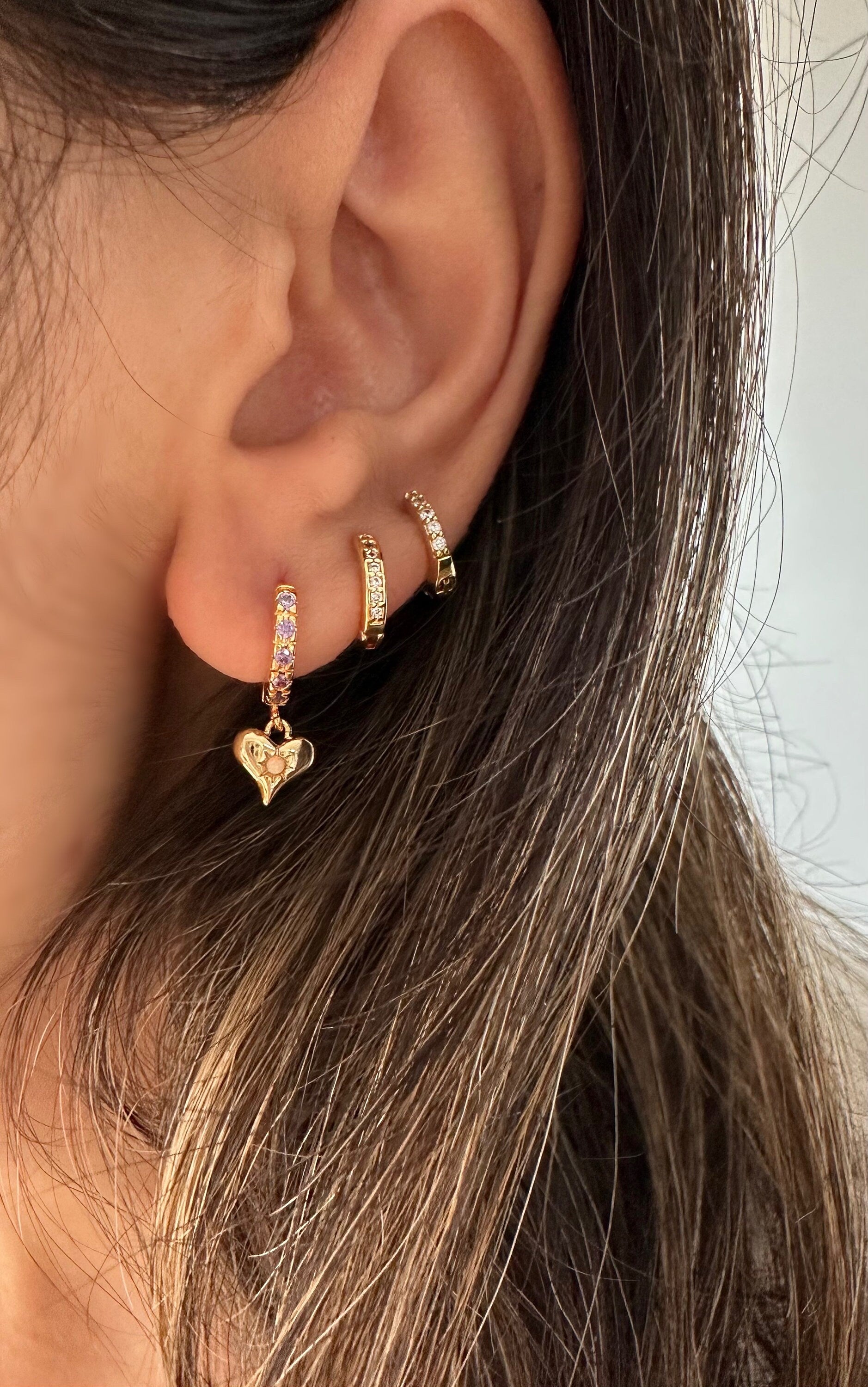 Gold CZ Opal Heart Huggie Earrings Valentines Day