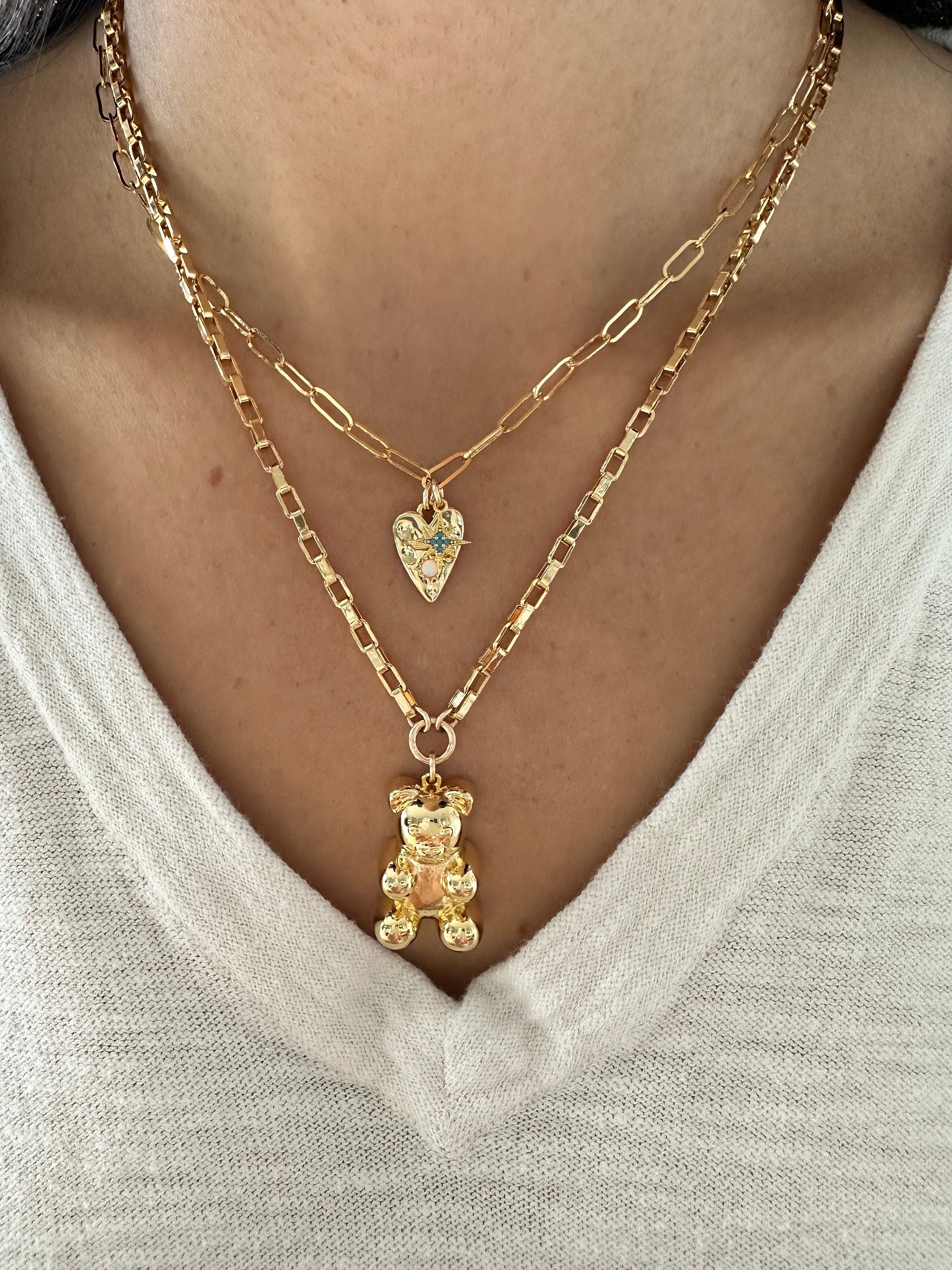 Gold Teddy Bear Statement Necklace: Chunky Charm Jewelry