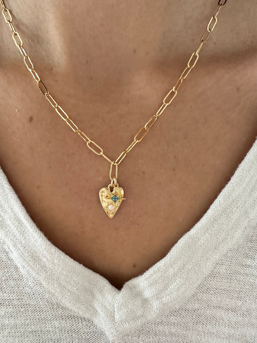 Gold Heart Opal Charm Necklace: Turquoise Star Valentines Day