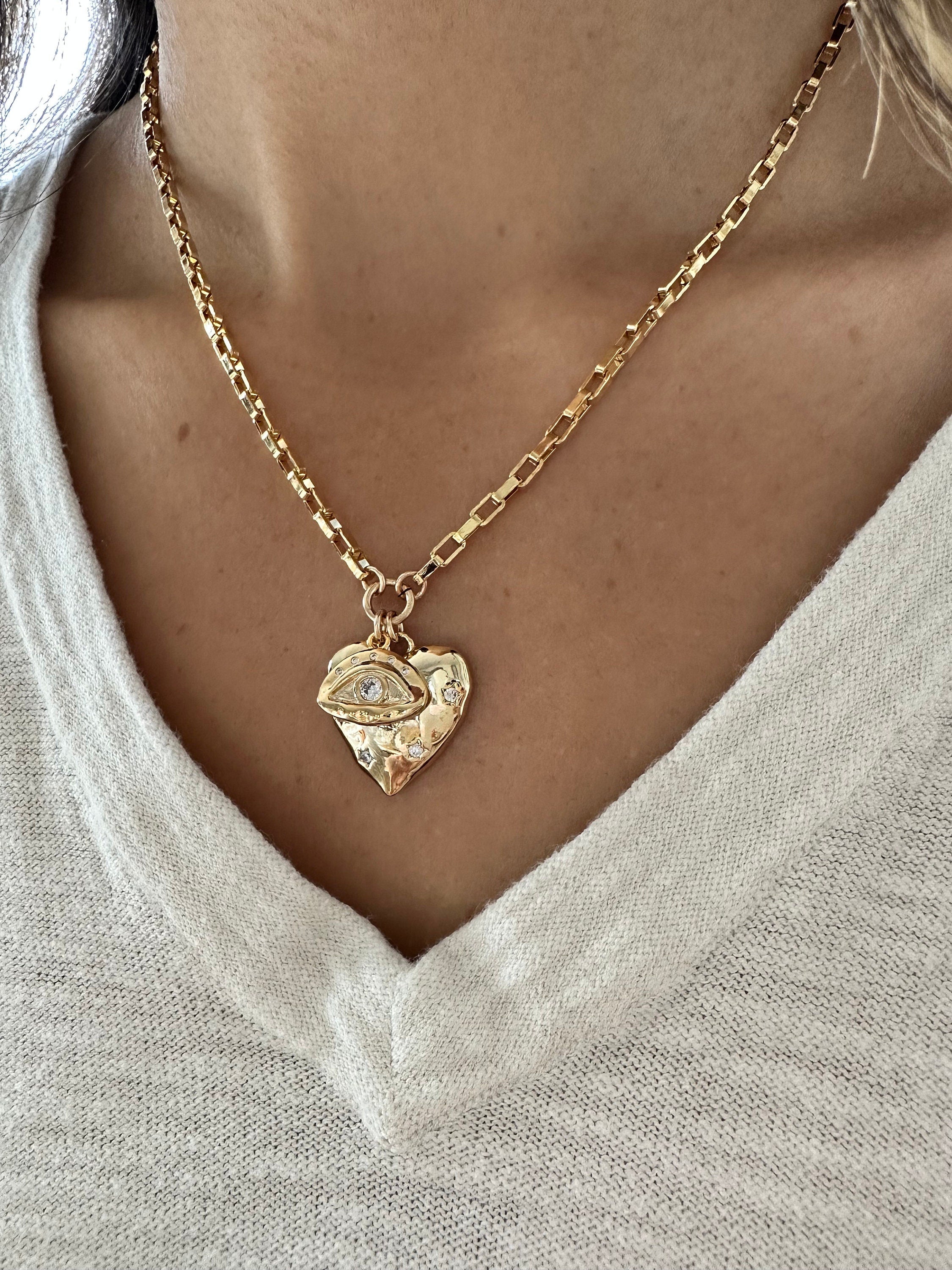 Gold Heart Evil Eye Charm Necklace: Chunky Statement Jewelry Valentines Day