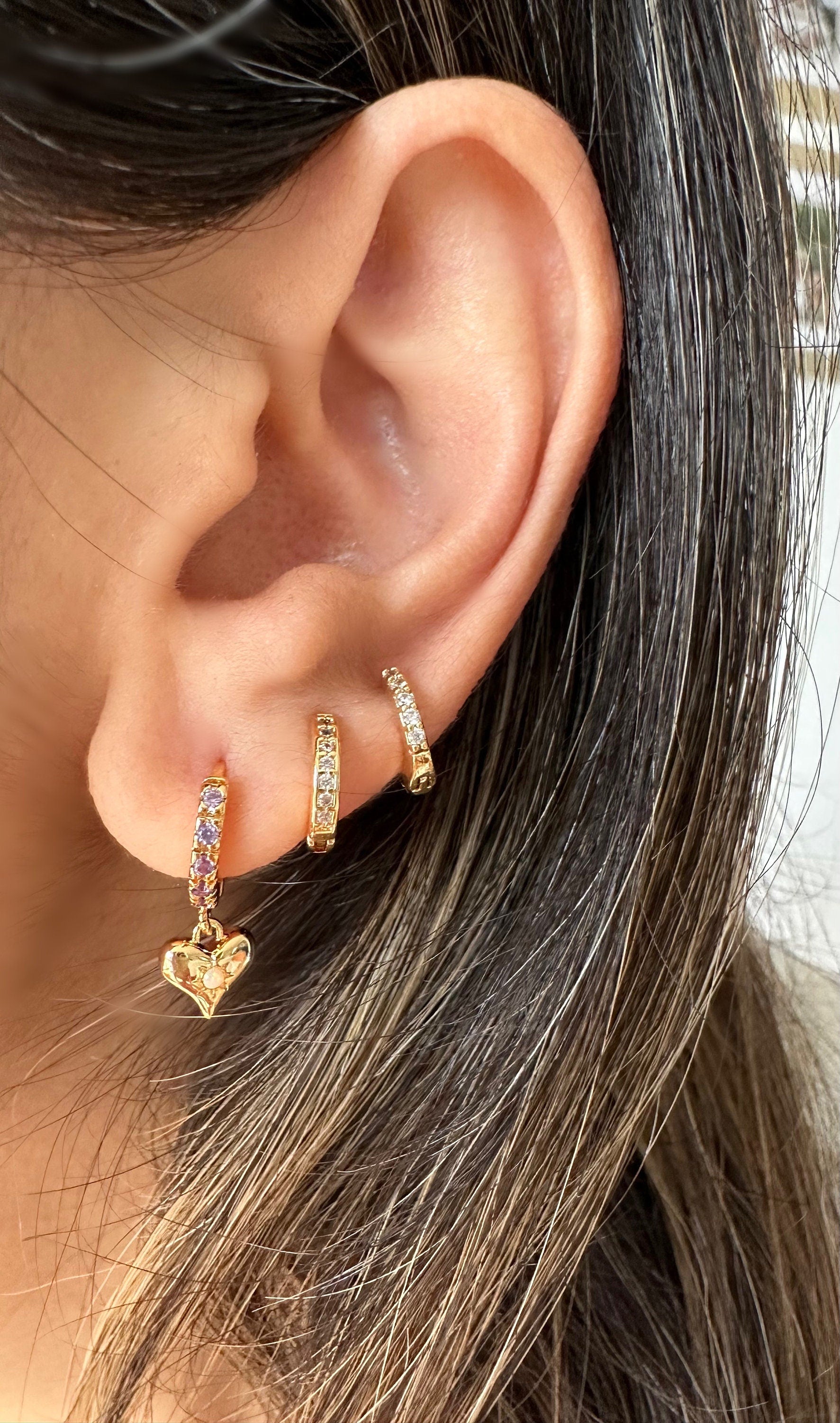 Gold CZ Opal Heart Huggie Earrings Valentines Day