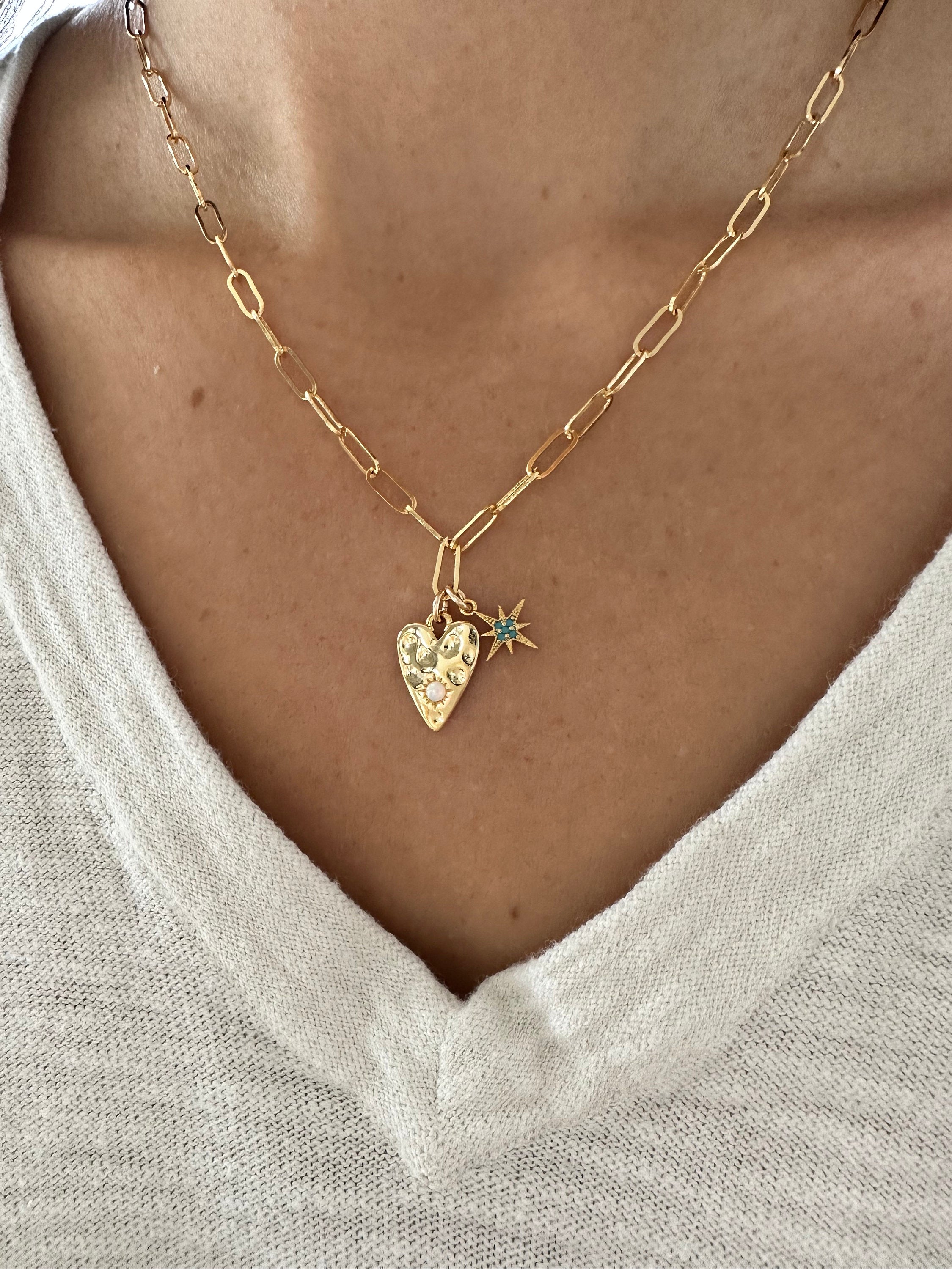 Gold Heart Opal Charm Necklace: Turquoise Star Valentines Day