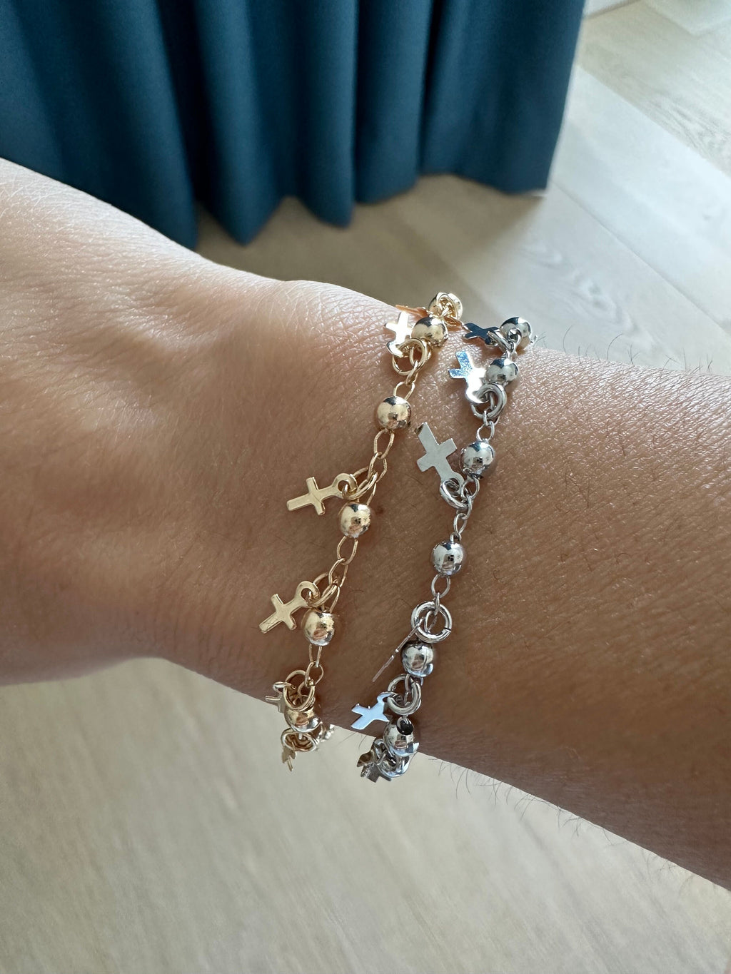 Rhodium Filled Cross Charm Bracelet: 18k Gold Dainty Chain