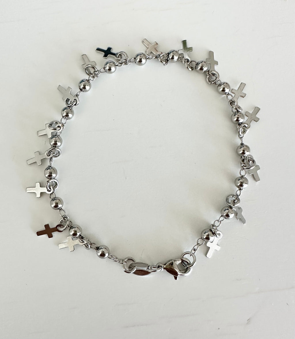Rhodium Filled Cross Charm Bracelet: 18k Gold Dainty Chain