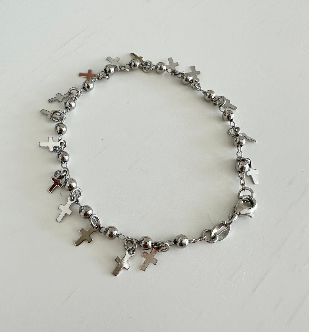 Rhodium Filled Cross Charm Bracelet: 18k Gold Dainty Chain