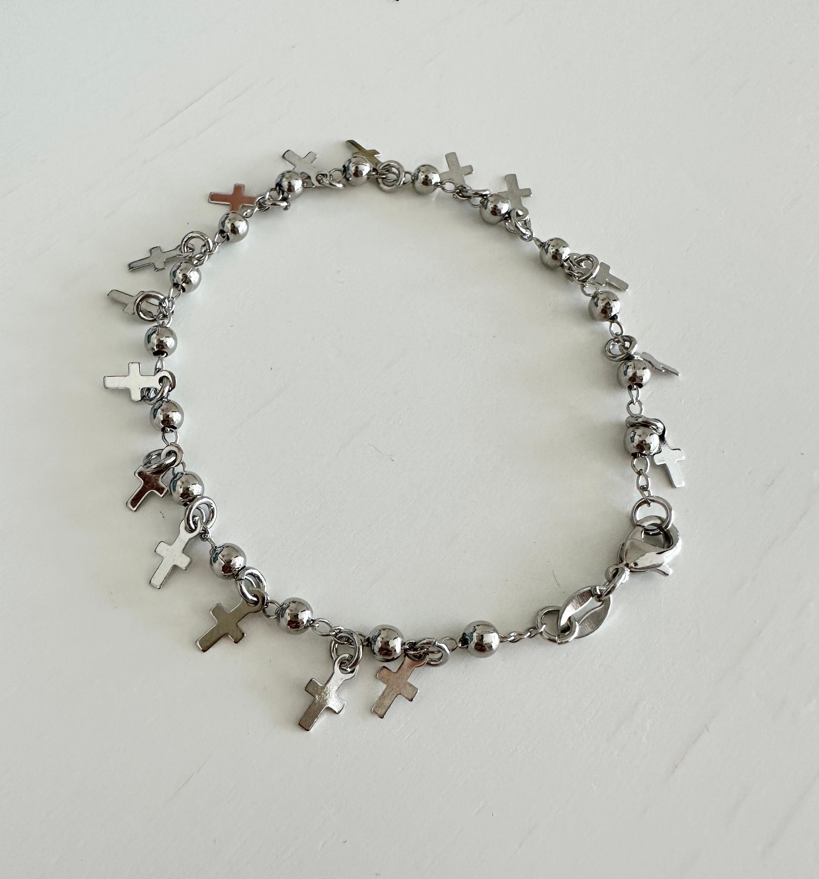 Rhodium Filled Cross Charm Bracelet: 18k Gold Dainty Chain