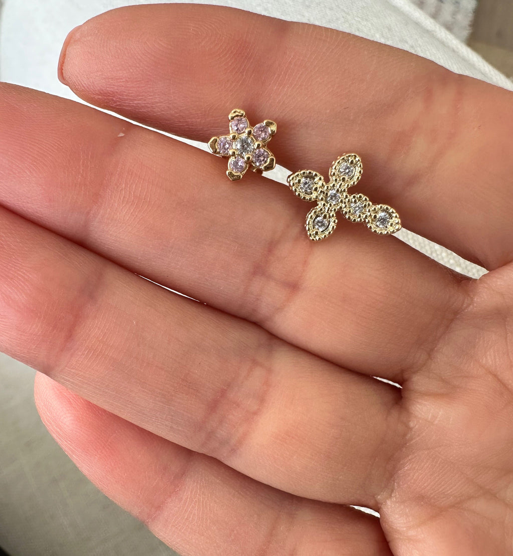 Pink Flower CZ Stud Earrings