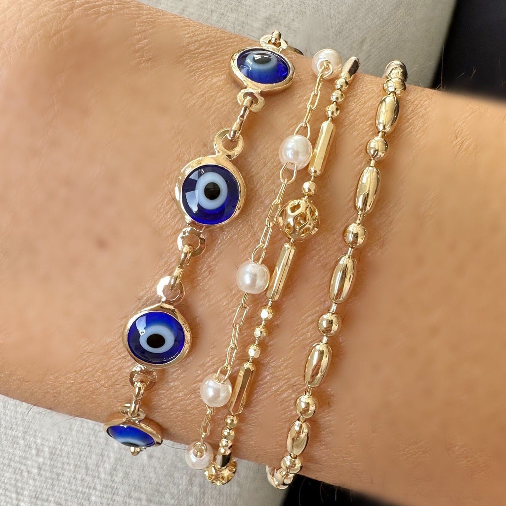Blue Evil Eye Bracelet: 18k Gold Filled Chain, Layering Jewelry