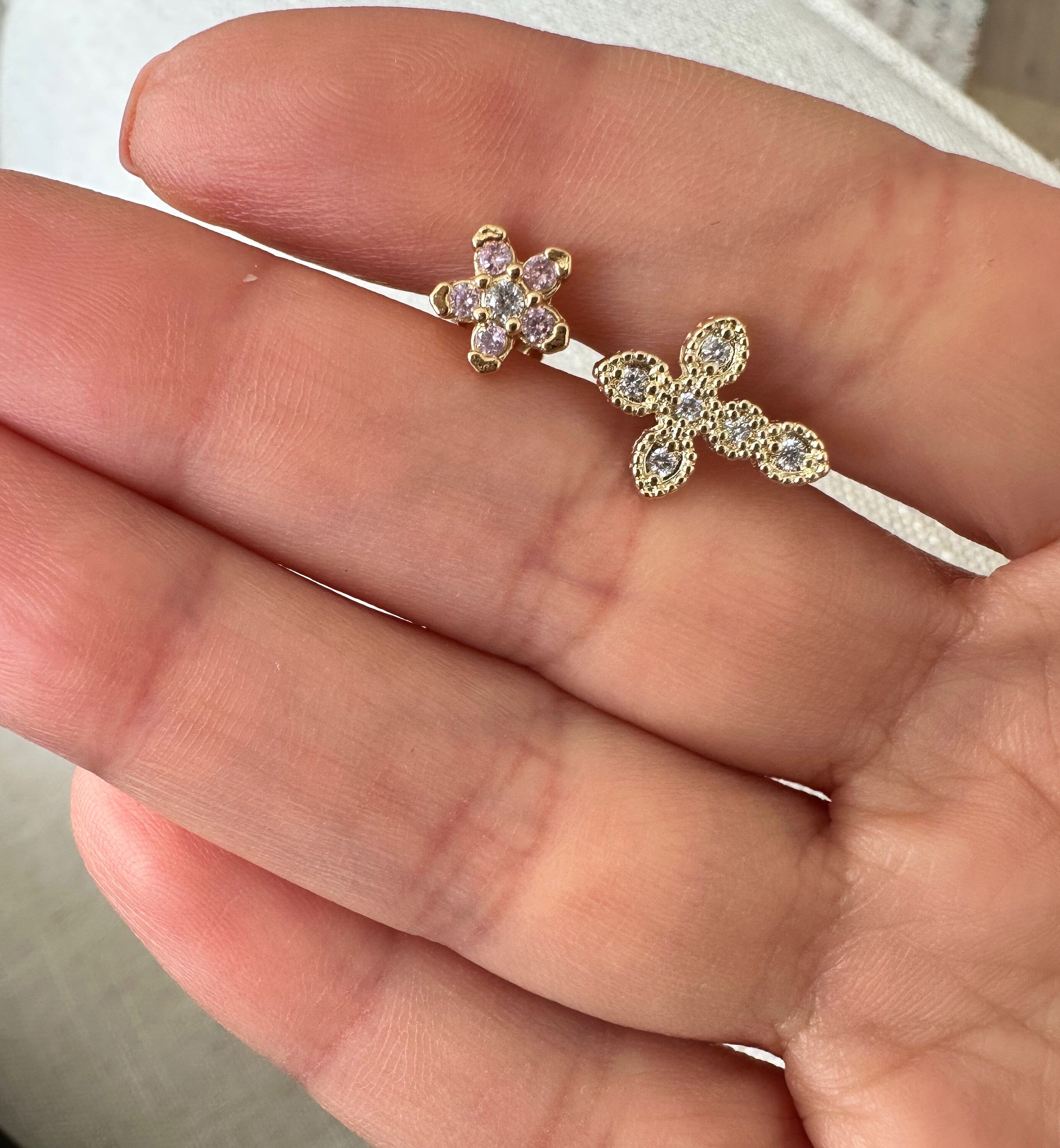 18k Gold Filled CZ Cross Stud Earrings, Cross Earrings, Gold Studs
