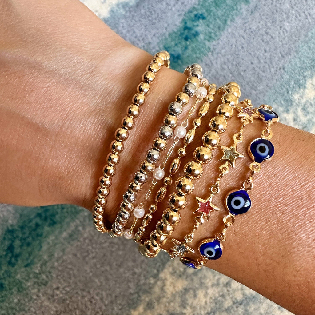18k Rhodium Filled Beaded Bracelet: Dainty Stretchy Bracelet