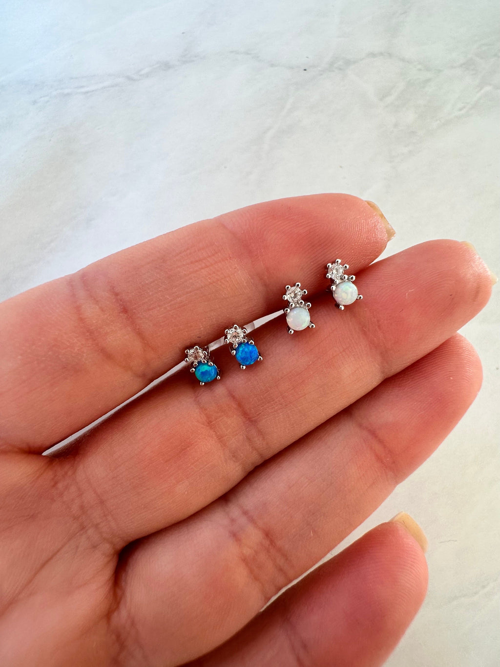 White Opal CZ Silver Stud Earrings, Opal Studs, Opal Earrings