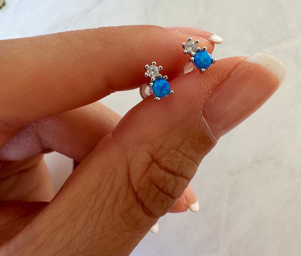 Blue Opal CZ Silver Stud Earrings, Opal Studs, Opal Earrings
