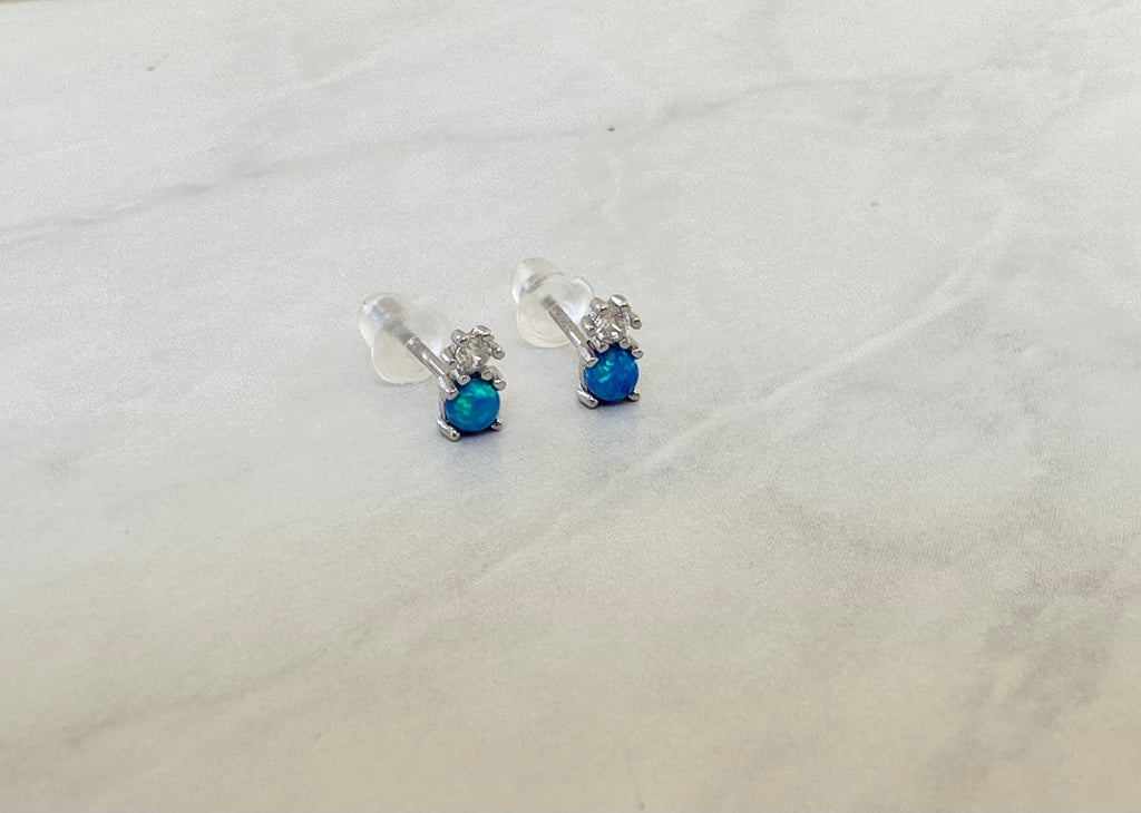 Blue Opal CZ Silver Stud Earrings, Opal Studs, Opal Earrings