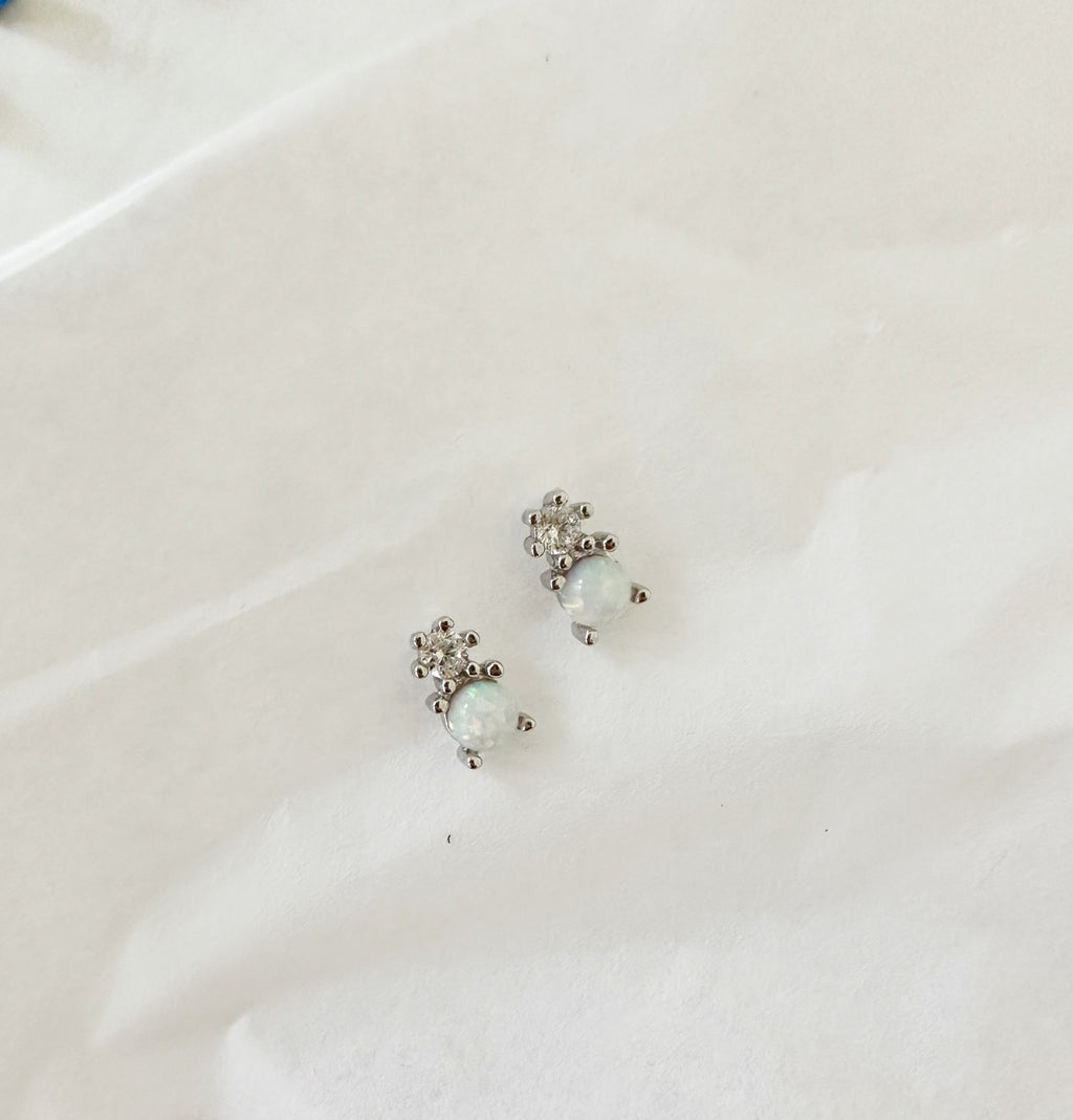 White Opal CZ Silver Stud Earrings, Opal Studs, Opal Earrings