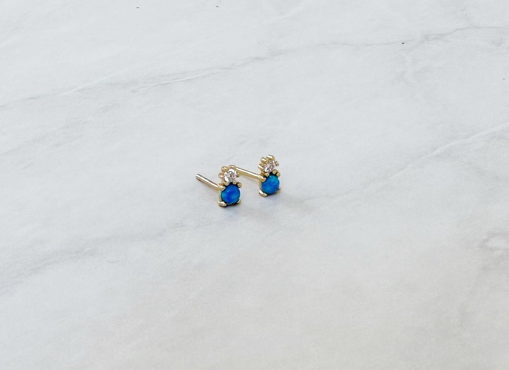 Blue Opal CZ Gold Stud Earrings, Opal Studs, Opal Earrings