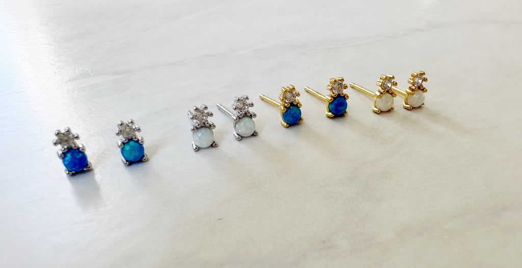 Blue Opal CZ Gold Stud Earrings, Opal Studs, Opal Earrings