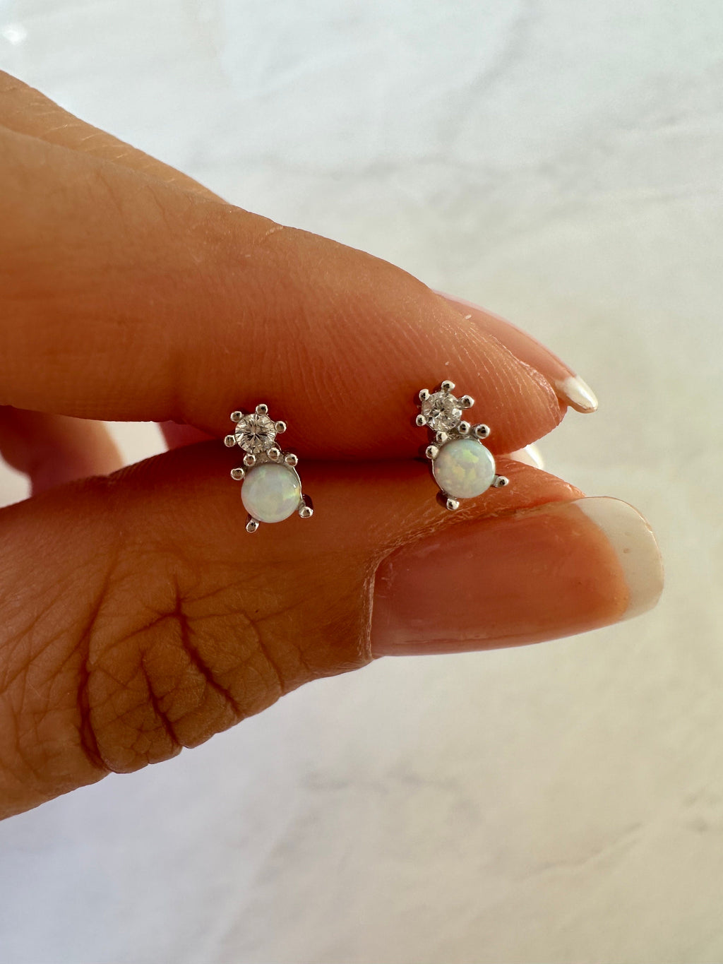 White Opal CZ Silver Stud Earrings, Opal Studs, Opal Earrings